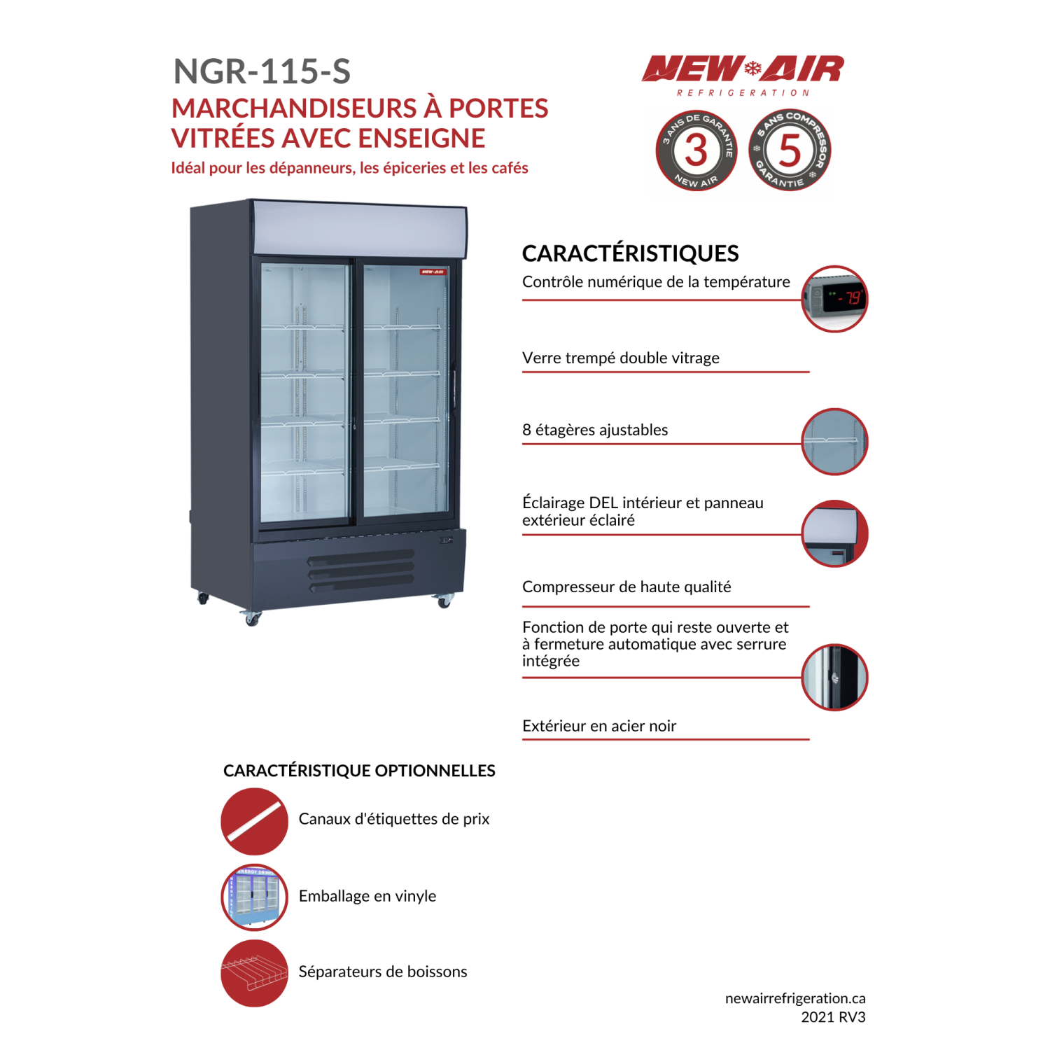 NOUVEAU présentoir commercial de porte double en verre de 115 po NGR-115-S d'AIR