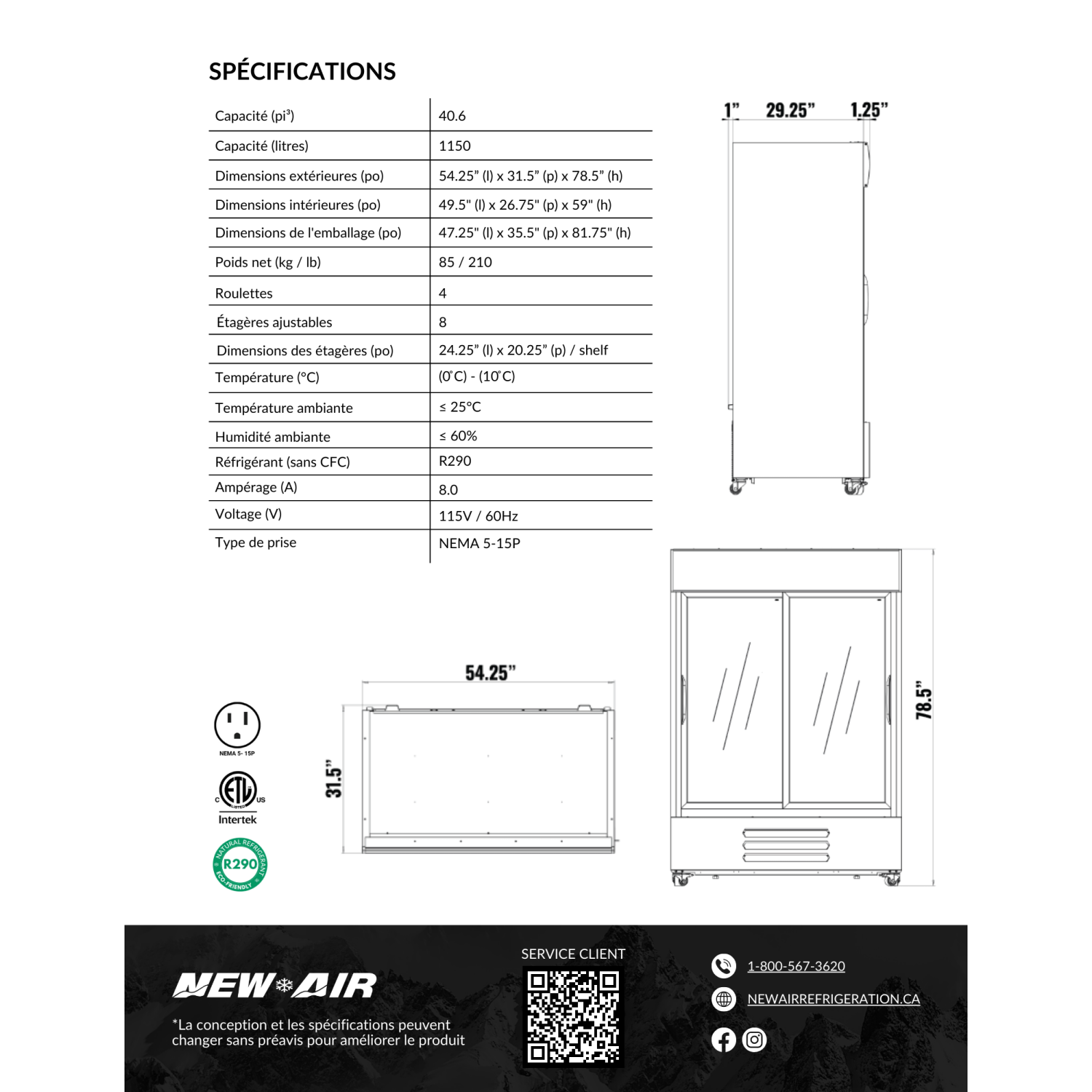 NOUVEAU présentoir commercial de porte double en verre de 115 po NGR-115-S d'AIR