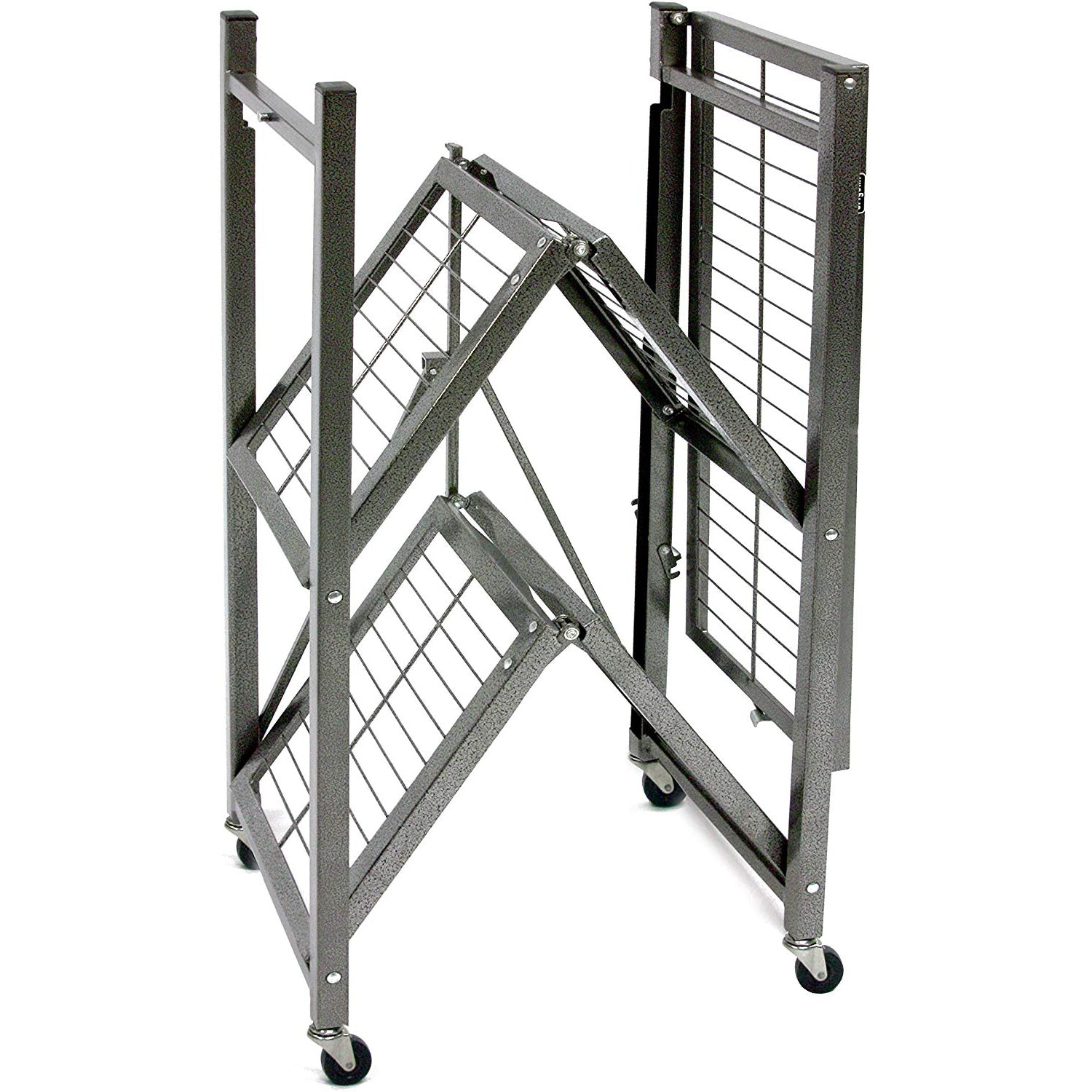 Origami R3 Foldable 3-Tiered Shelf Storage Rack & Wheels, Pewter