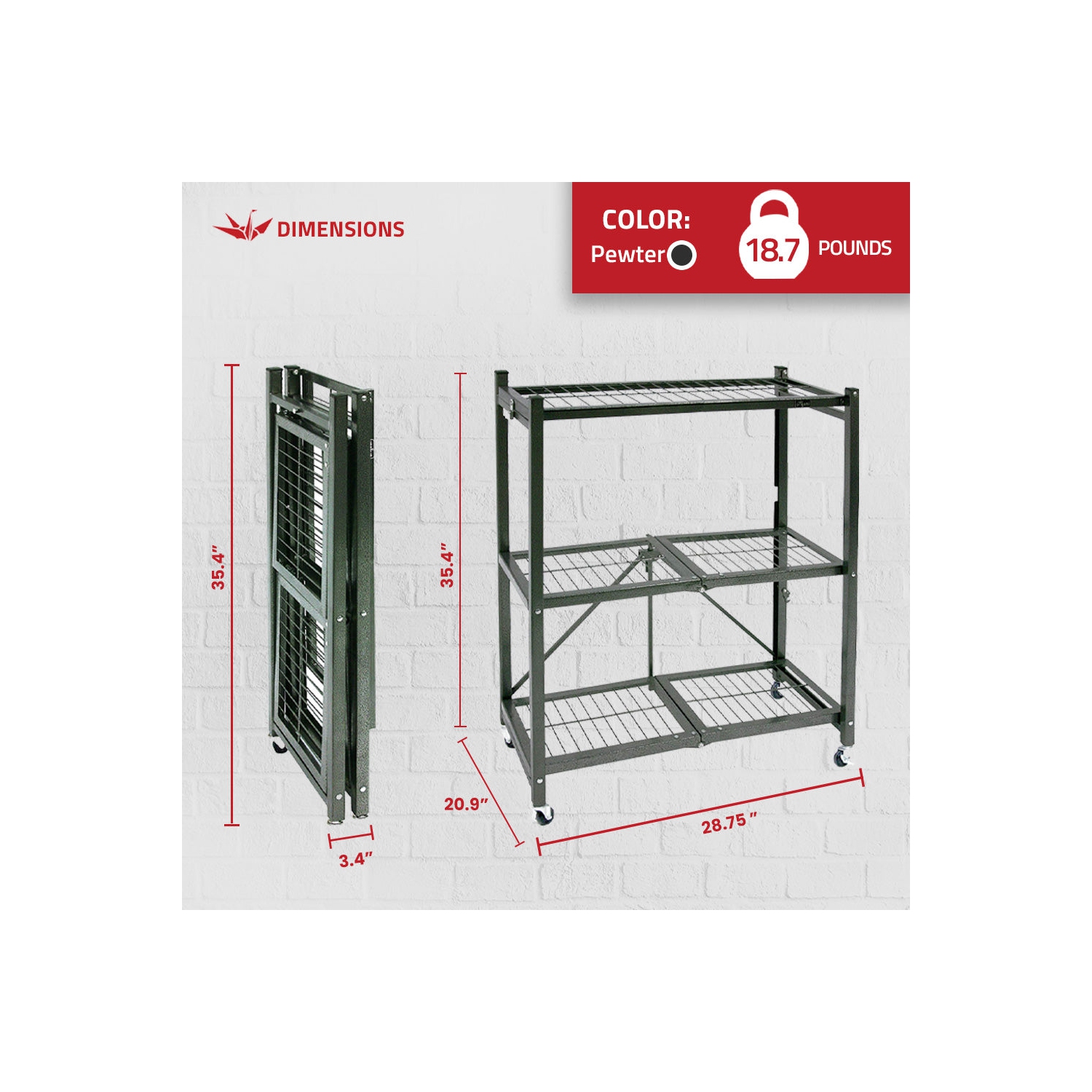 Origami R3 Foldable 3-Tiered Shelf Storage Rack & Wheels, Pewter