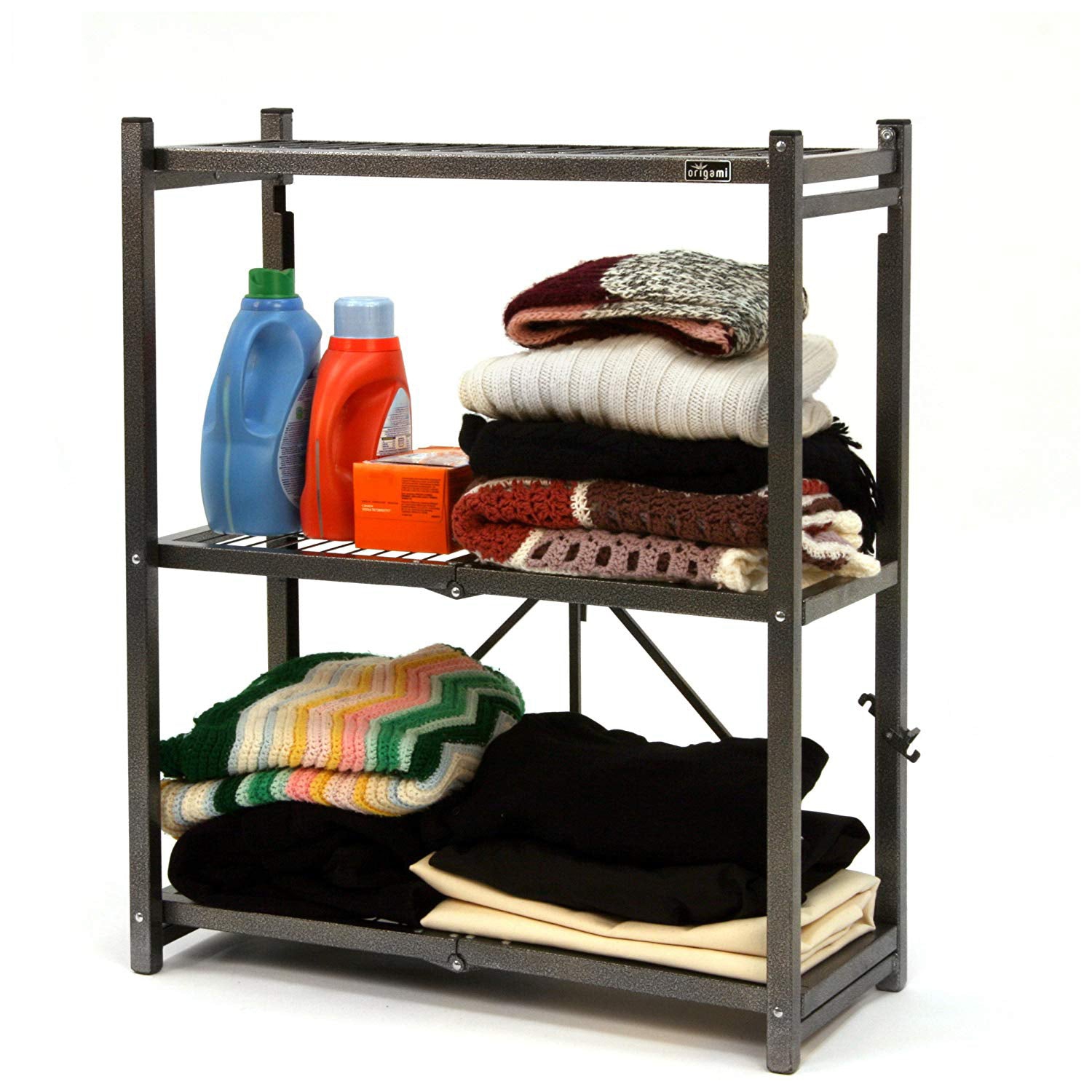 Origami R3 Foldable 3-Tiered Shelf Storage Rack & Wheels, Pewter