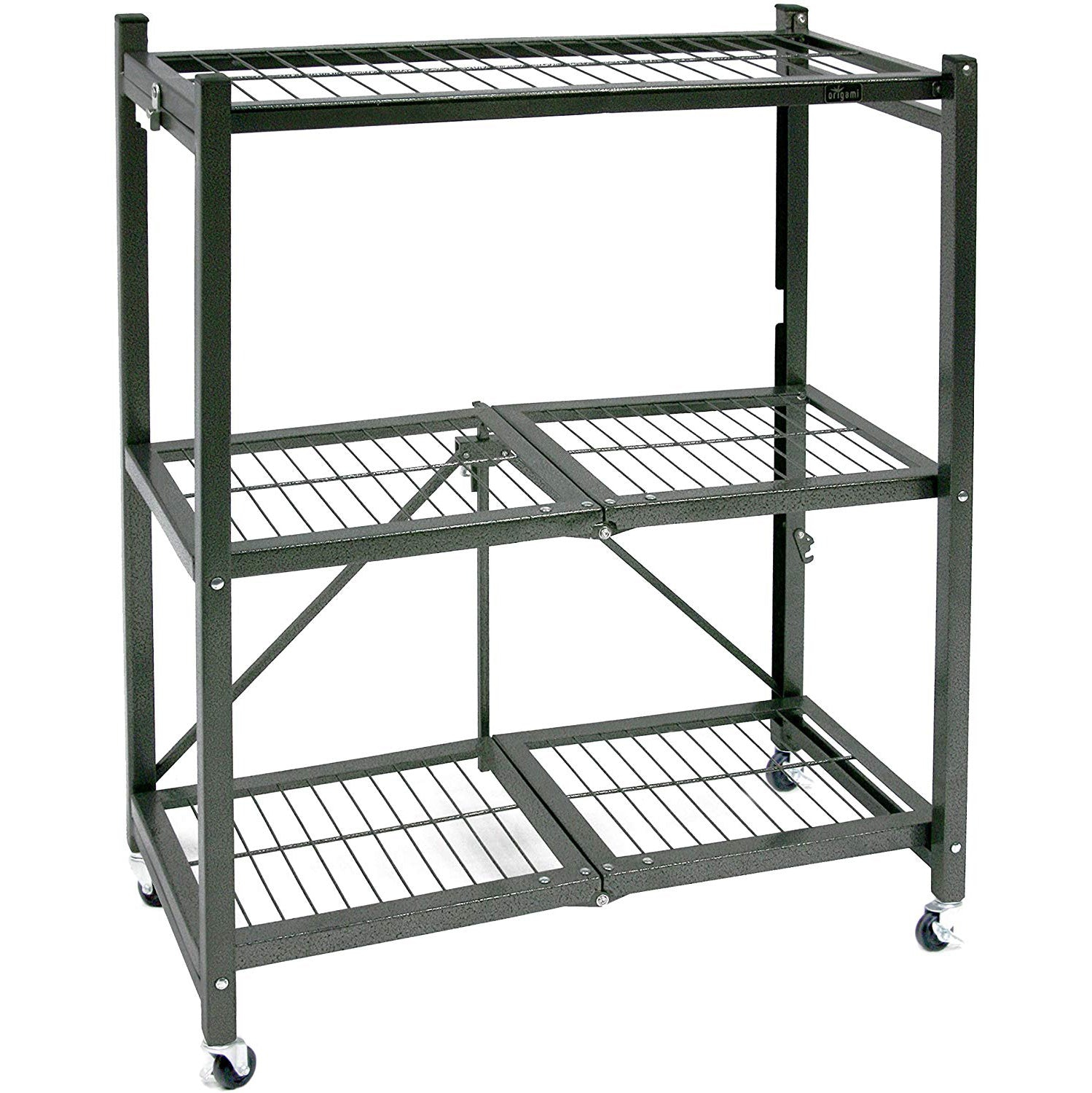Origami R3 Foldable 3-Tiered Shelf Storage Rack & Wheels, Pewter