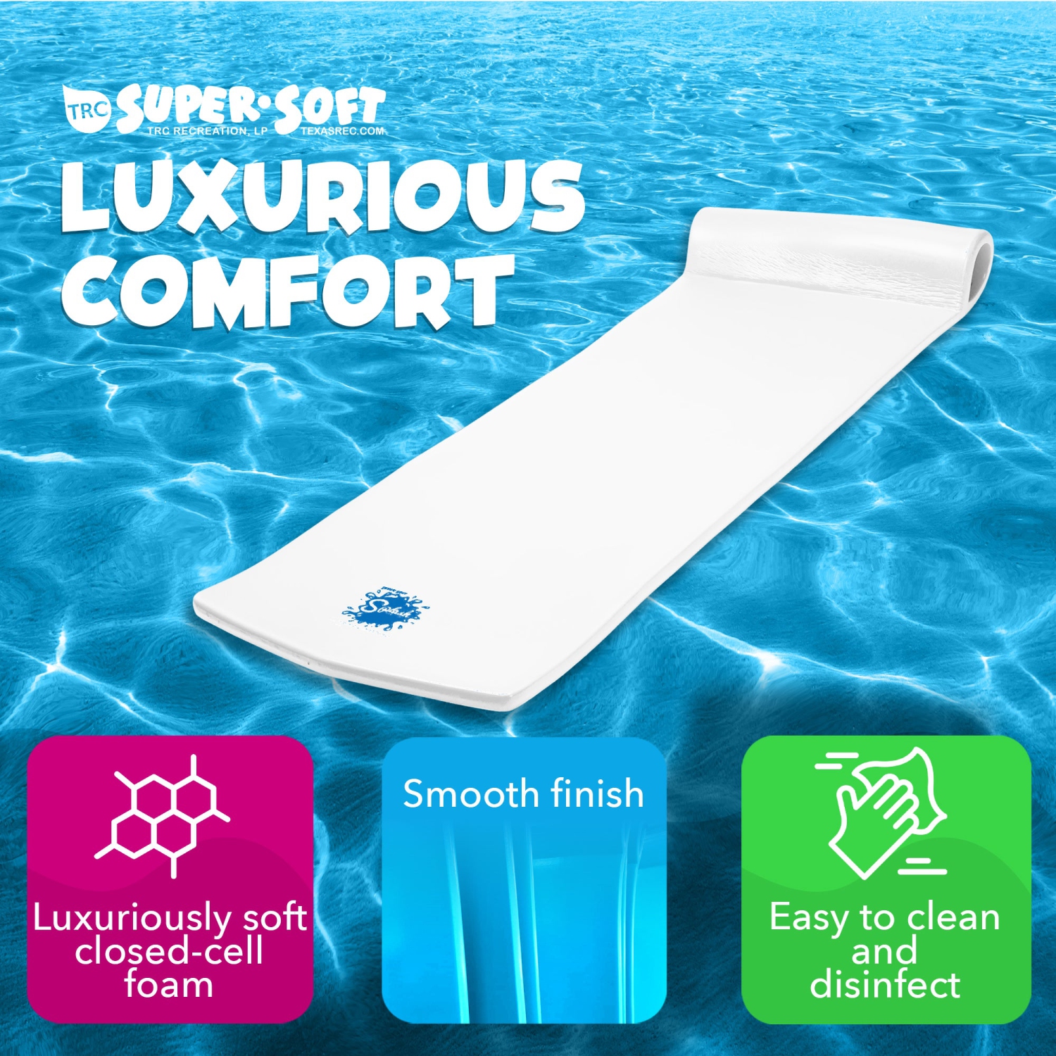 TRC – Tapis flottant de piscine en mousse épais Splash, 1,25 po, blanc