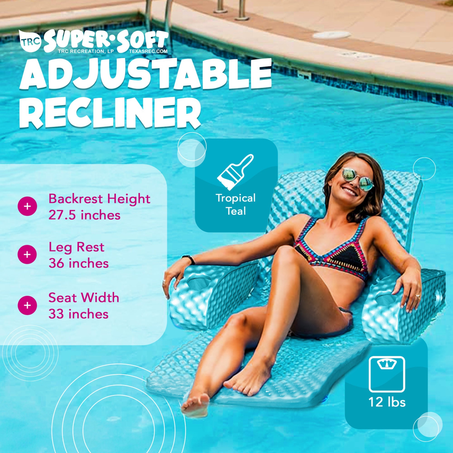 Chaise longue de piscine réglable et très douce de TRC Recreation, sarcelle tropicale