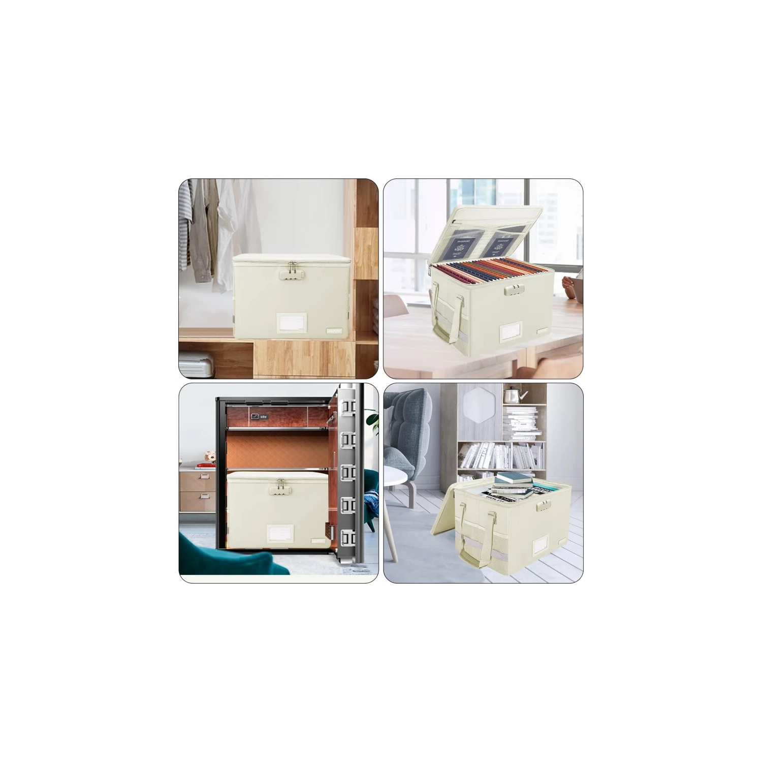 Fireproof Document File Box with Lock - Collapsible, Portable Storage Organizer with Zipper Lid and Handle for Letter/Legal Folders - Beige