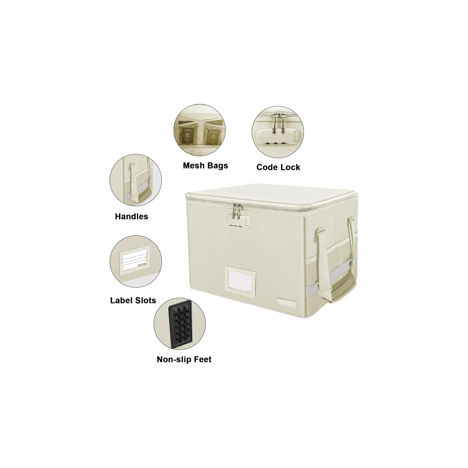 Fireproof Document File Box with Lock - Collapsible, Portable Storage Organizer with Zipper Lid and Handle for Letter/Legal Folders - Beige
