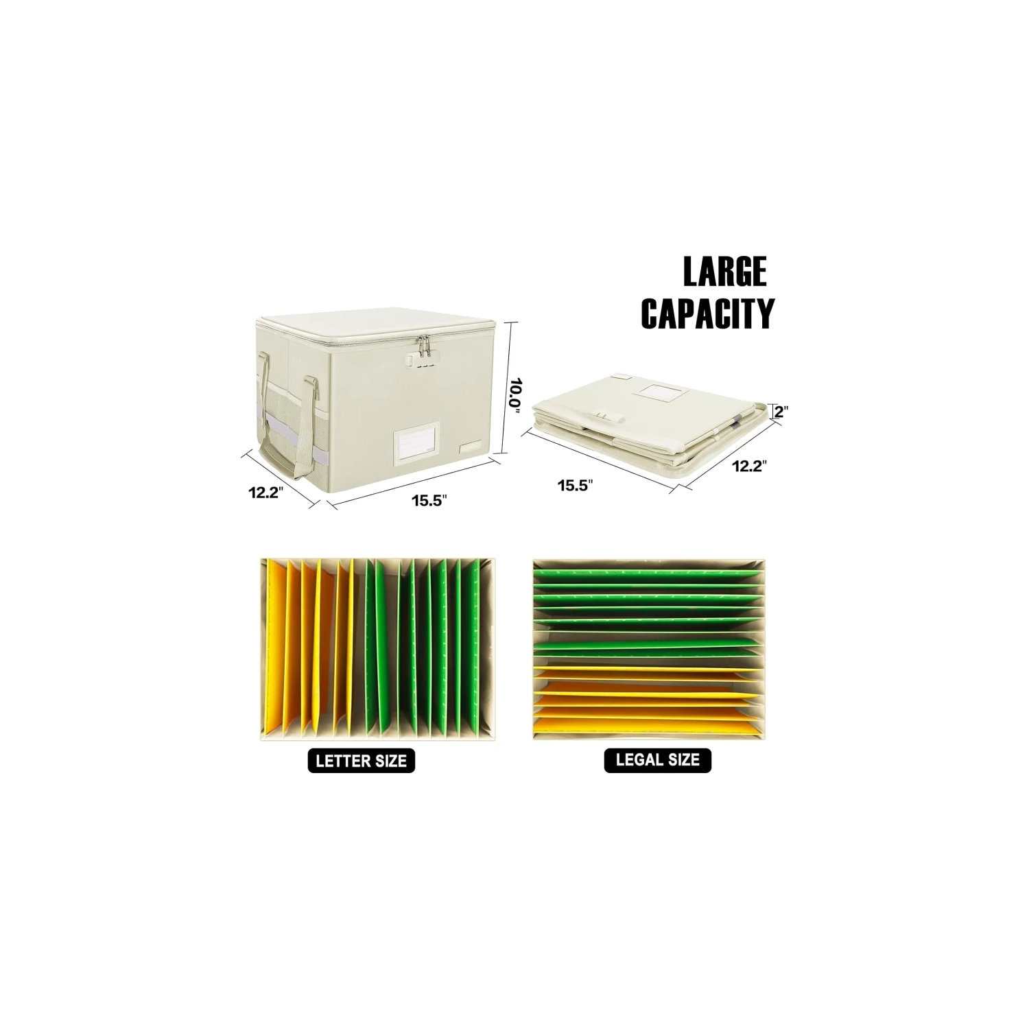 Fireproof Document File Box with Lock - Collapsible, Portable Storage Organizer with Zipper Lid and Handle for Letter/Legal Folders - Beige