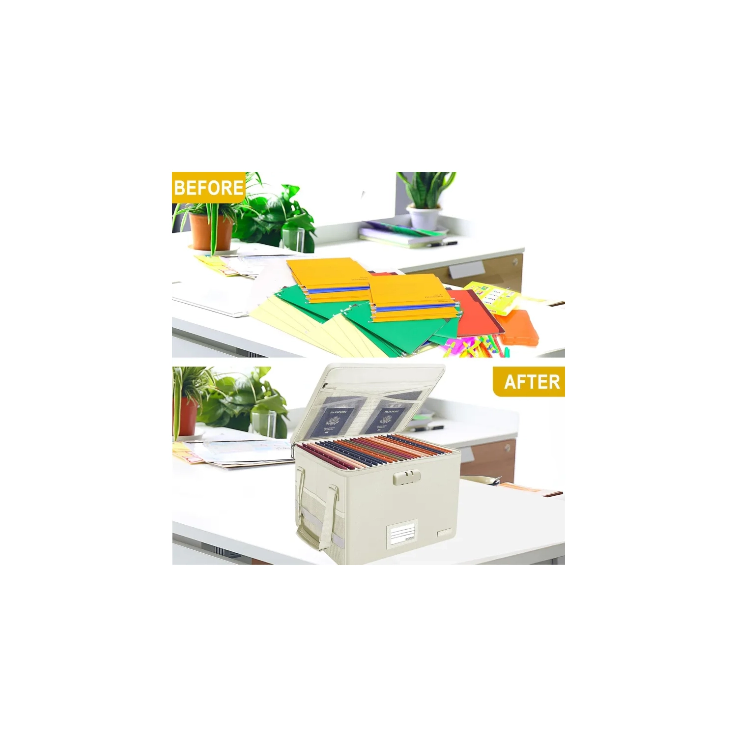 Fireproof Document File Box with Lock - Collapsible, Portable Storage Organizer with Zipper Lid and Handle for Letter/Legal Folders - Beige