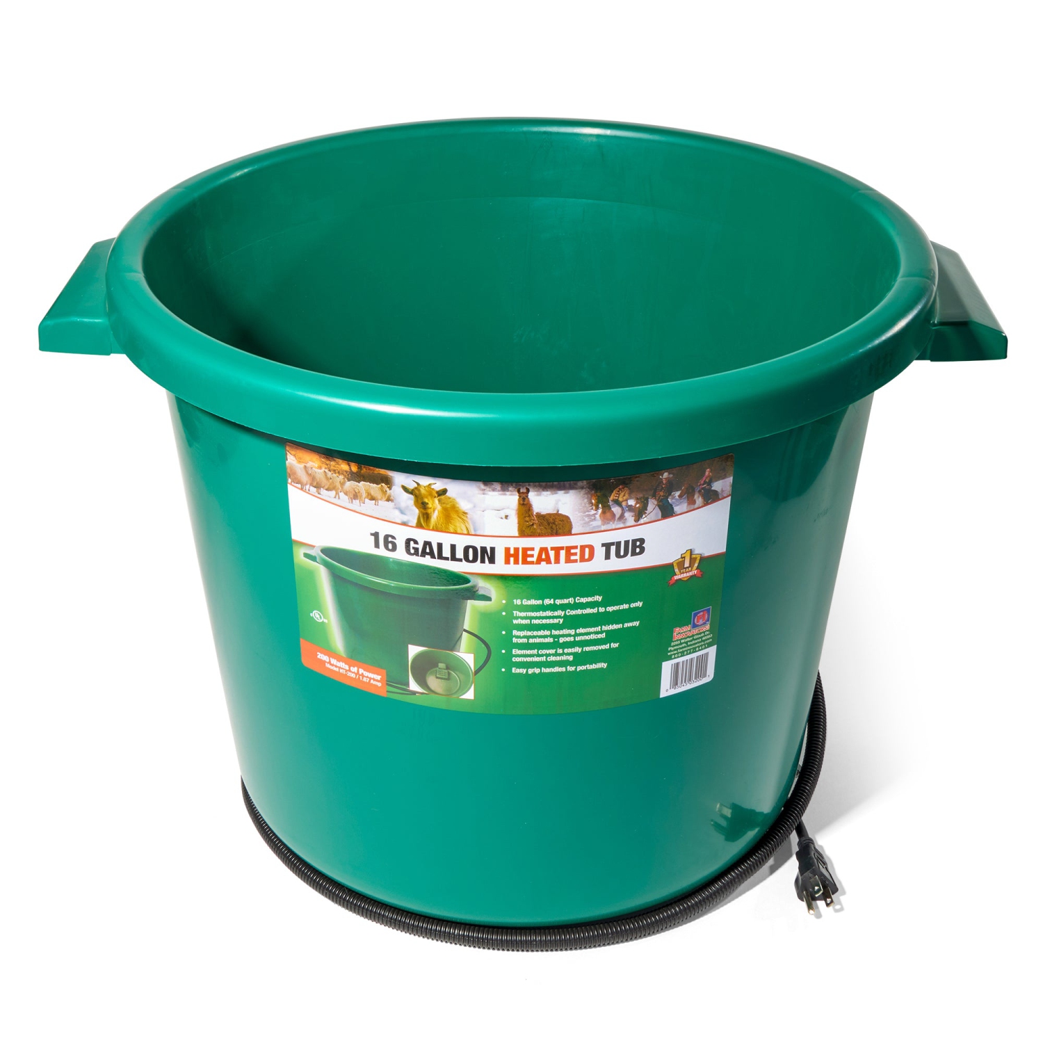 Farm Innovators 16 Gallon Plastic Heated Animal Water Bucket Tub, Green