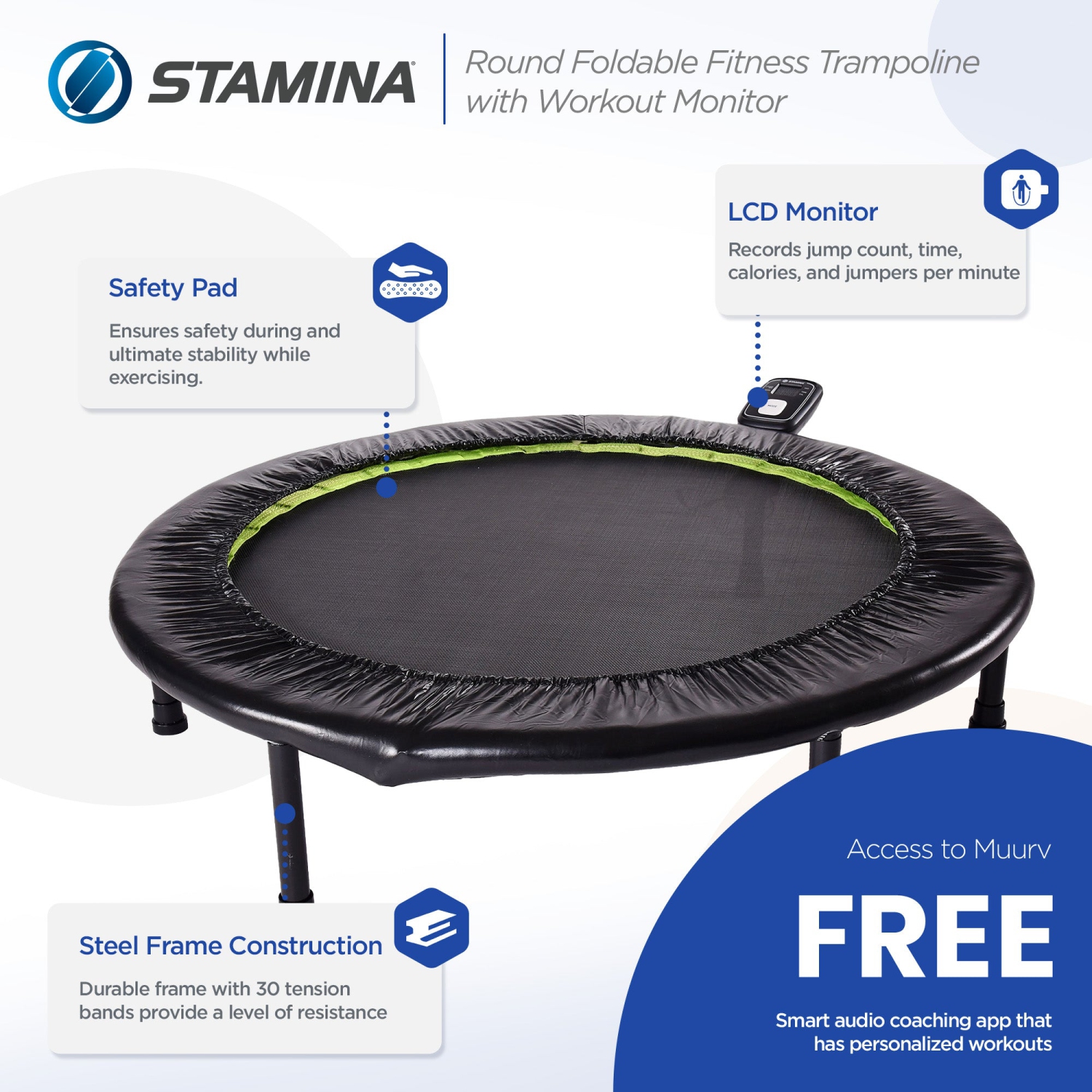 Trampoline d'entraînement pliable rond de 36 po avec moniteur d'entraînement de Stamina Products