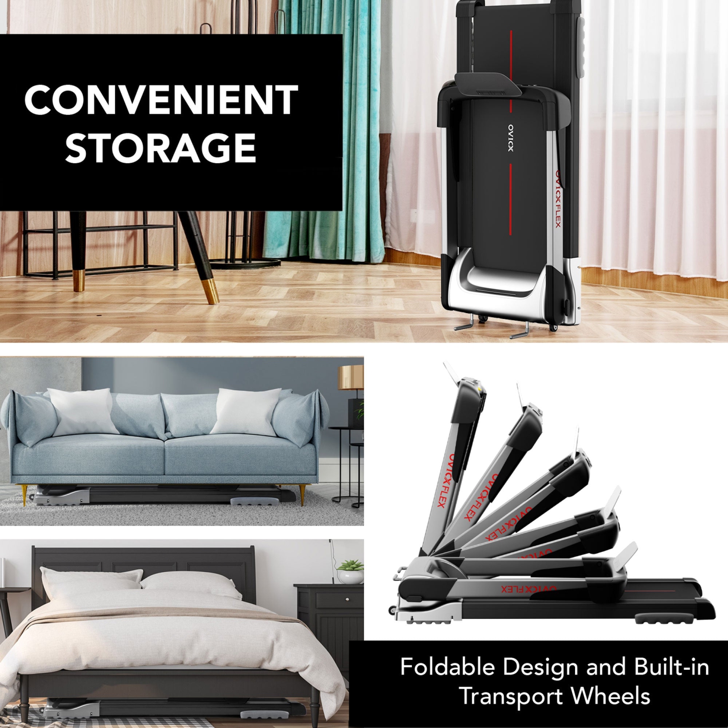 Tapis roulant pliable et silencieux Flex d'OVICX avec Bluetooth et application de suivi de la mise en forme