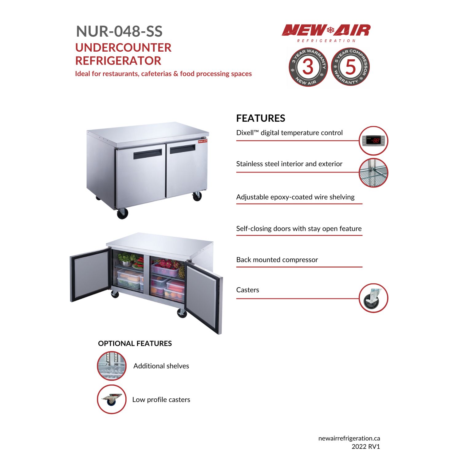 NEW AIR NUR-048-SS Commercial 48″ Stainless Steel 12.2 cu ft Double Door Undercounter REFRIGERATOR - Ideal For Commercial Kitchens, Restaurants and