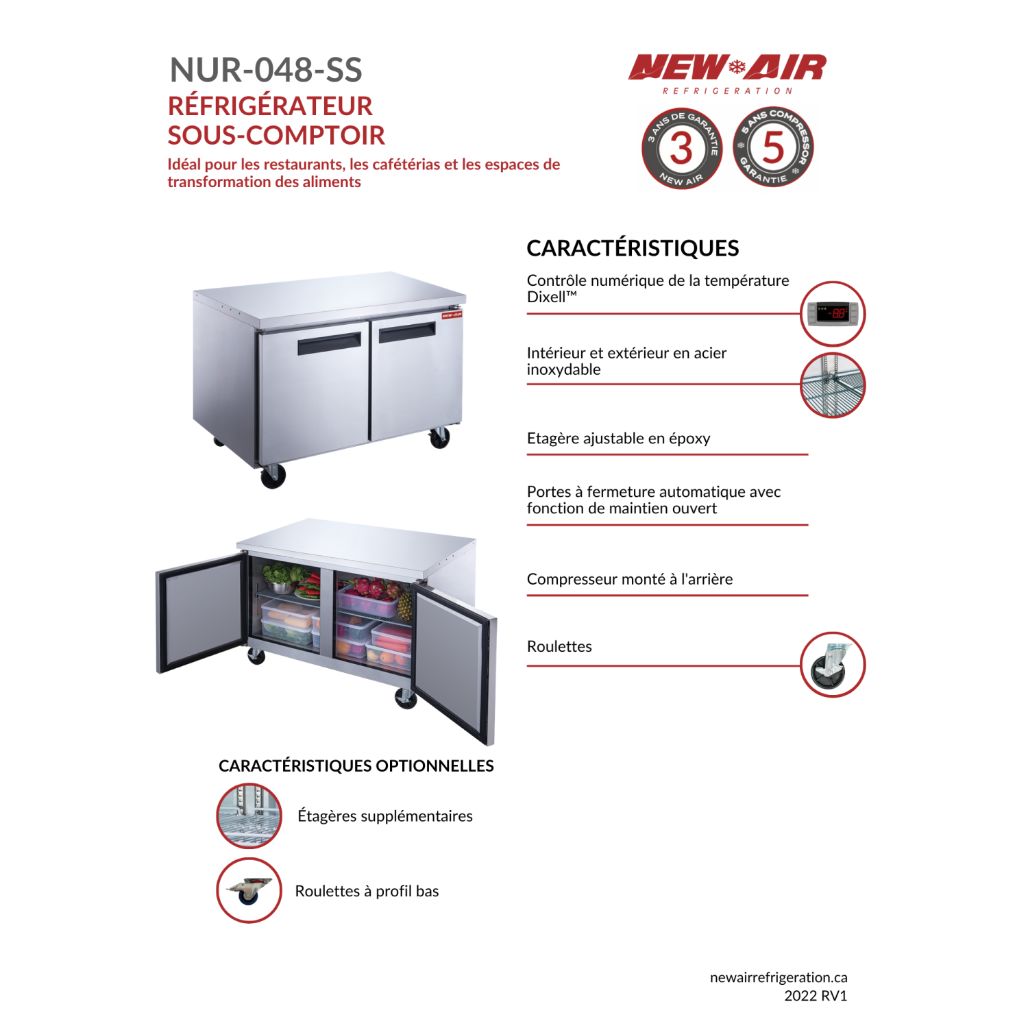 NEW AIR NUR-048-SS Commercial 48″ Stainless Steel 12.2 cu ft Double Door Undercounter REFRIGERATOR - Ideal For Commercial Kitchens, Restaurants and