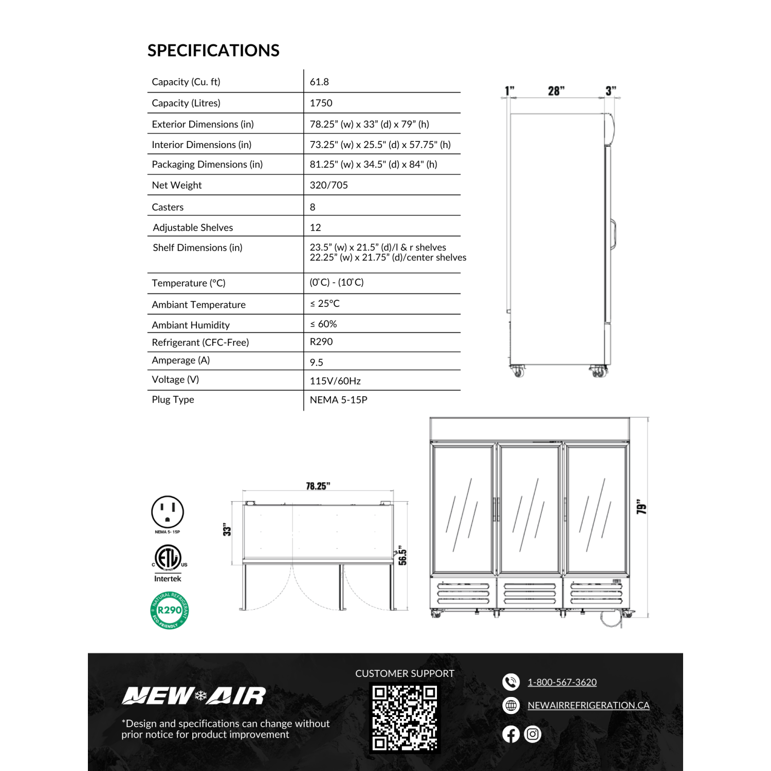 Réfrigérateur commercial NGR-182-H de NEW AIR à porte triple coulissante en verre de 78 po idéal pour les dépanneurs, les magasins, l'épicerie, les