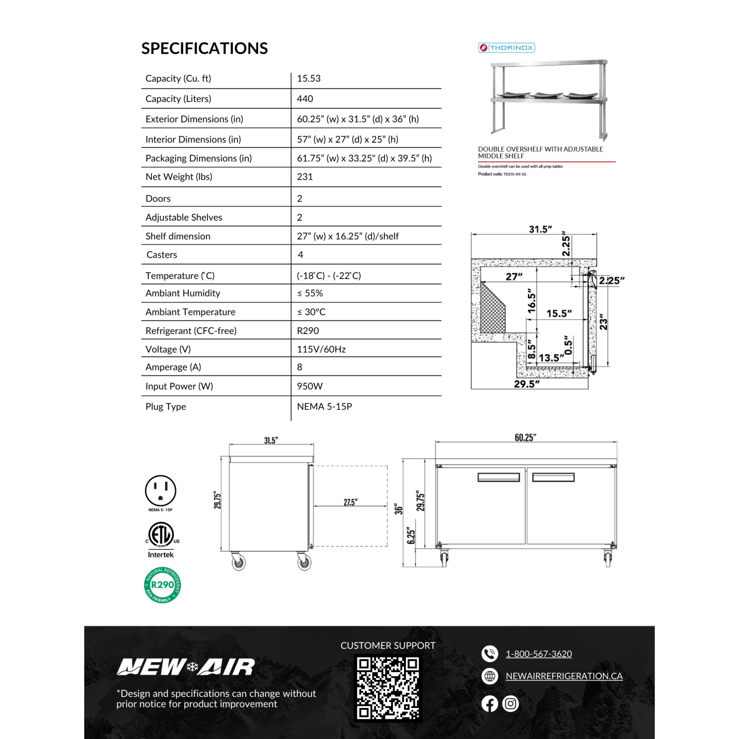 NEW AIR NUF-060-SS Commercial 60″ Stainless Steel 15.5 cu ft Double Door Undercounter Freezer - Ideal For Commercial Kitchens, Restaurants and