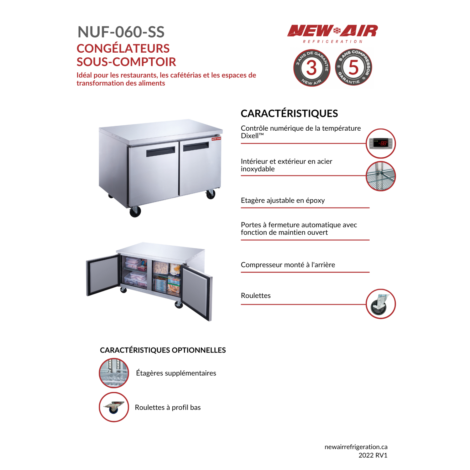 NEW AIR NUF-060-SS Commercial 60″ Stainless Steel 15.5 cu ft Double Door Undercounter Freezer - Ideal For Commercial Kitchens, Restaurants and