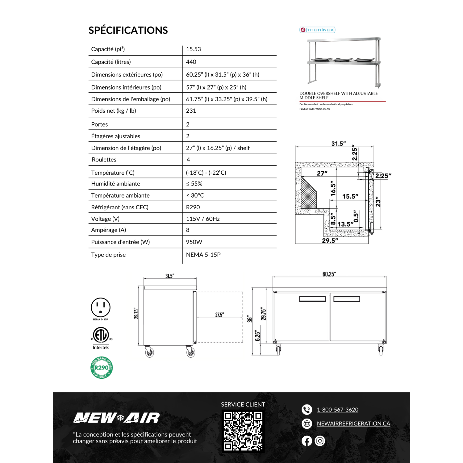 NEW AIR NUF-060-SS Commercial 60″ Stainless Steel 15.5 cu ft Double Door Undercounter Freezer - Ideal For Commercial Kitchens, Restaurants and