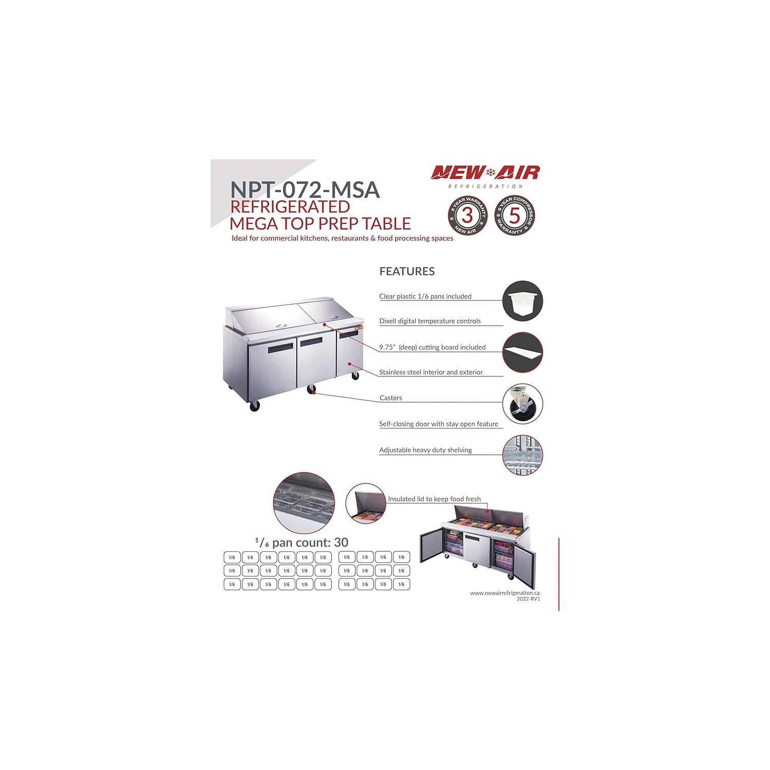 NEW AIR NPT-072-MSA Commercial 72" Mega Top Triple Door Salad/Sandwich Prep Table - Ideal for Restaurants, Cafeterias & Food Processing Spaces