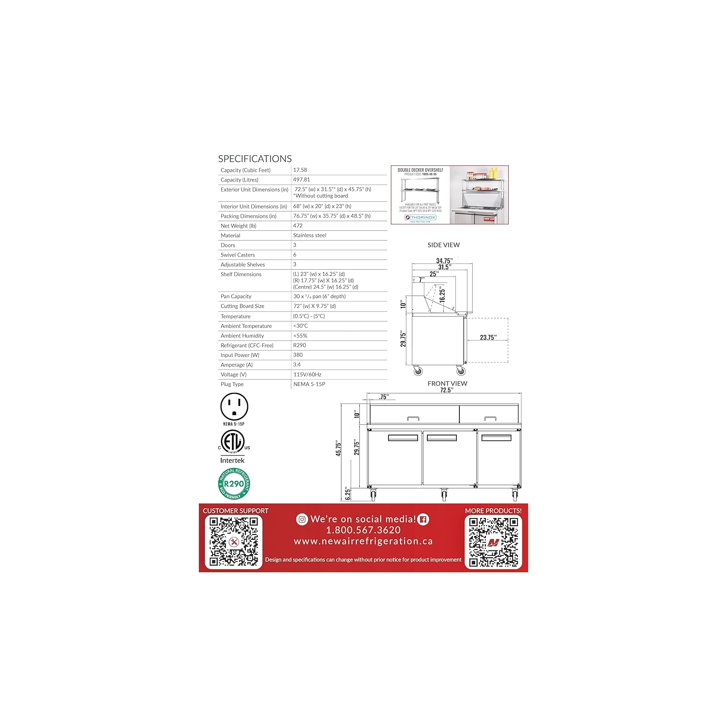 NEW AIR NPT-072-MSA Commercial 72" Mega Top Triple Door Salad/Sandwich Prep Table - Ideal for Restaurants, Cafeterias & Food Processing Spaces