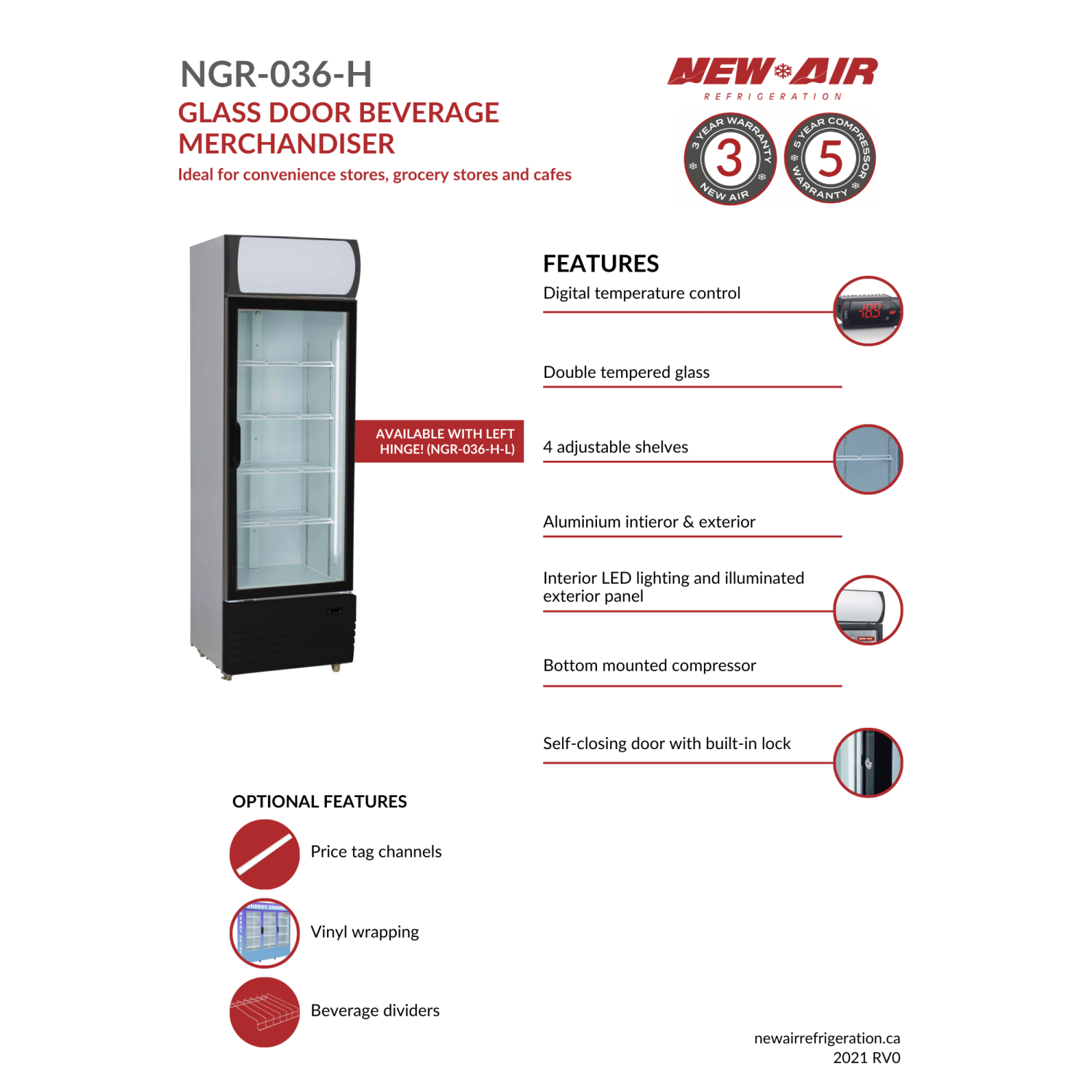 NOUVEAU réfrigérateur commercial à porte simple en verre de 24 po NGR-036 L-H d'AIR idéal pour les dépanneurs, l'avant du magasin, l'épicerie,