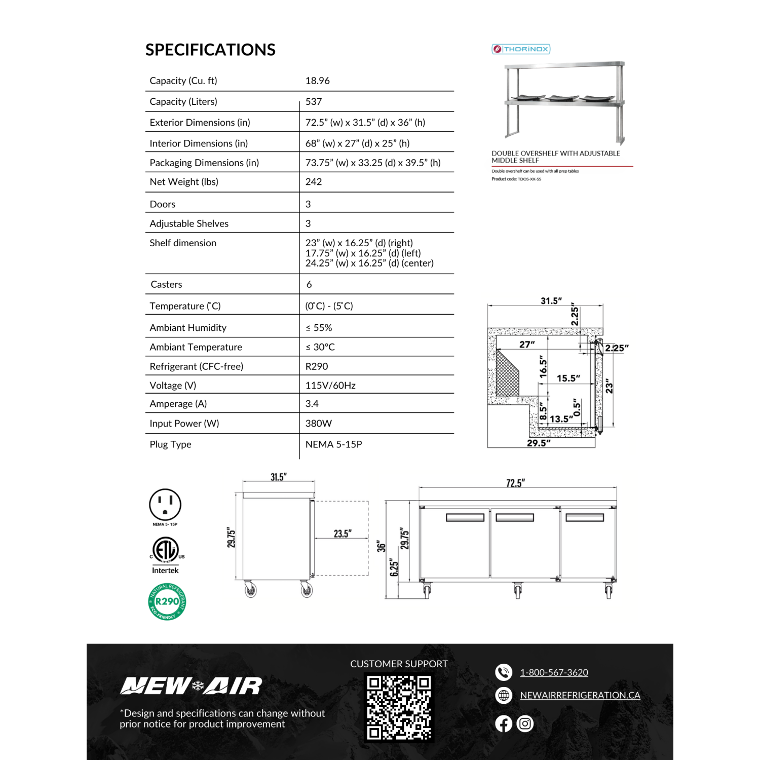 NEW AIR NUR-072-SS Commercial 72″ Stainless Steel 19 cu ft Triple Door Undercounter REFRIGERATOR - Ideal For Commercial Kitchens, Restaurants and