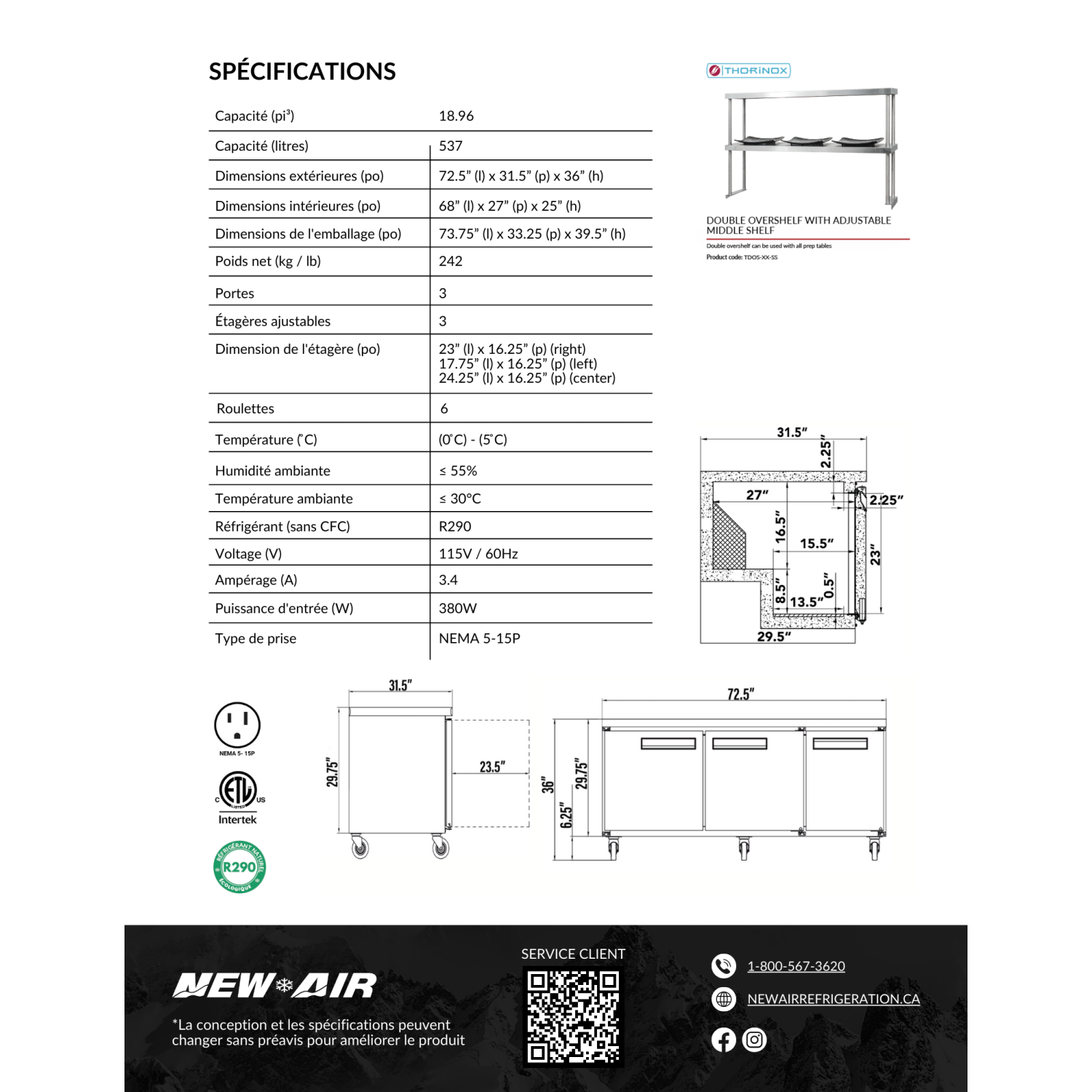 NEW AIR NUR-072-SS Commercial 72″ Stainless Steel 19 cu ft Triple Door Undercounter REFRIGERATOR - Ideal For Commercial Kitchens, Restaurants and