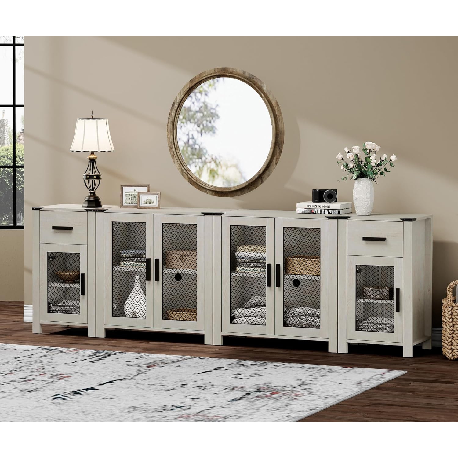 WAMPAT TV Stand Set with Drawers for ups to 100 inch TV,Storage Cabinets with Adjustable Shelf, Media TV Console Table with 4 Mesh Door for Dining,