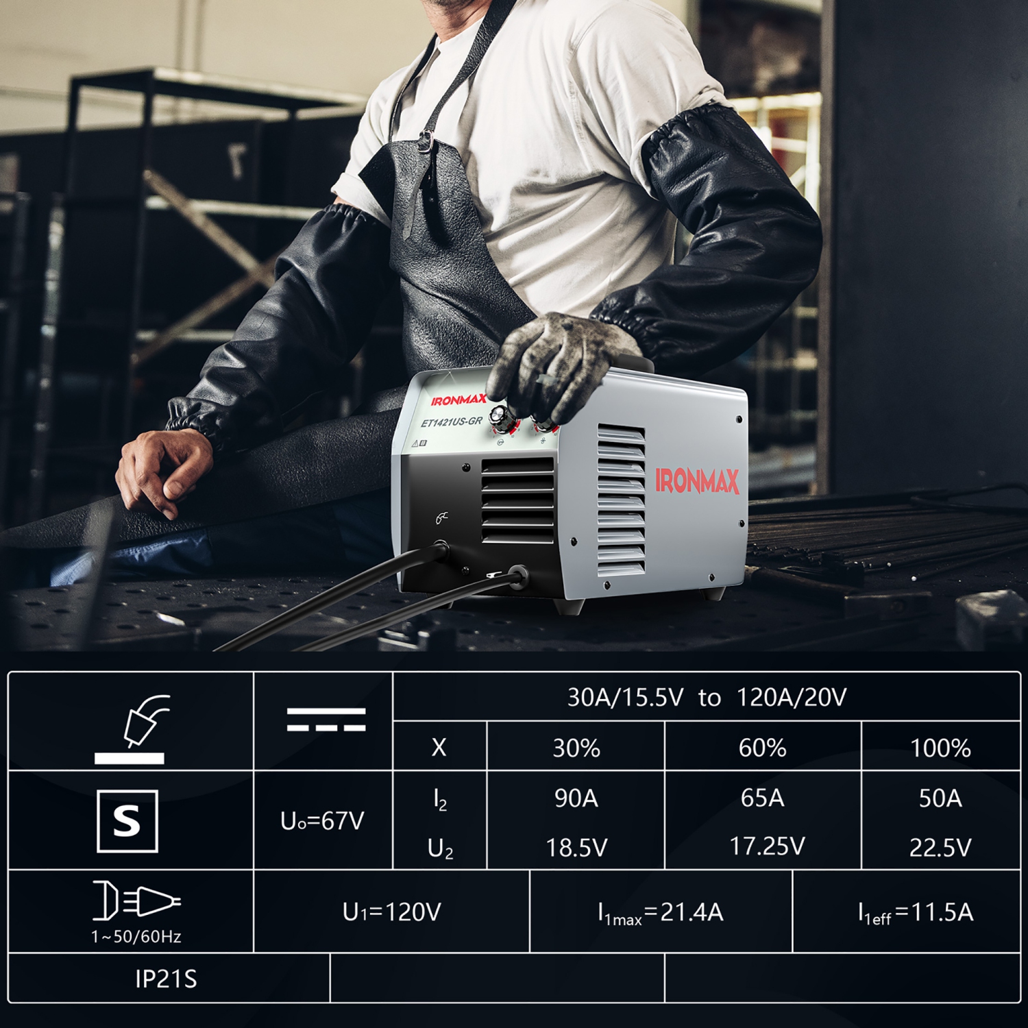 IRONMAX MIG Welder Gasless Flux Core Welding Machine120V IGBT w/Welding Gun&Earth Clamp