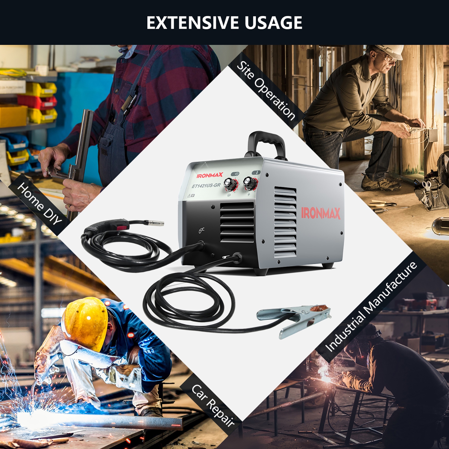 IRONMAX MIG Welder Gasless Flux Core Welding Machine120V IGBT w/Welding Gun&Earth Clamp