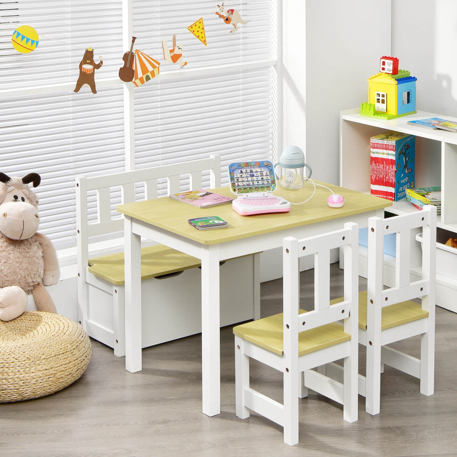 Costway 4 PCS Kids Wooden Activity Table & Chairs Set w/Storage Bench Study Desk