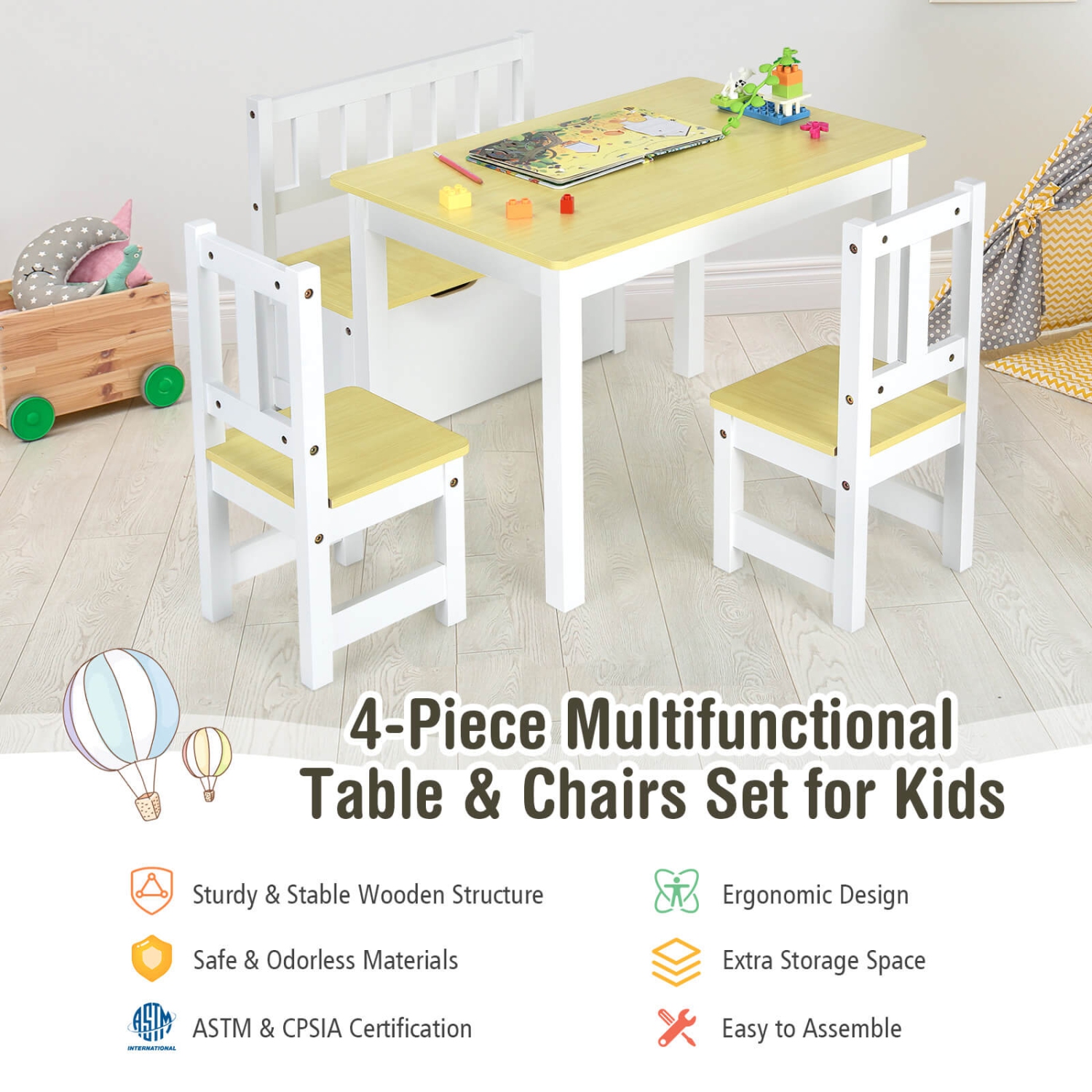 Costway 4 PCS Kids Wooden Activity Table & Chairs Set w/Storage Bench Study Desk