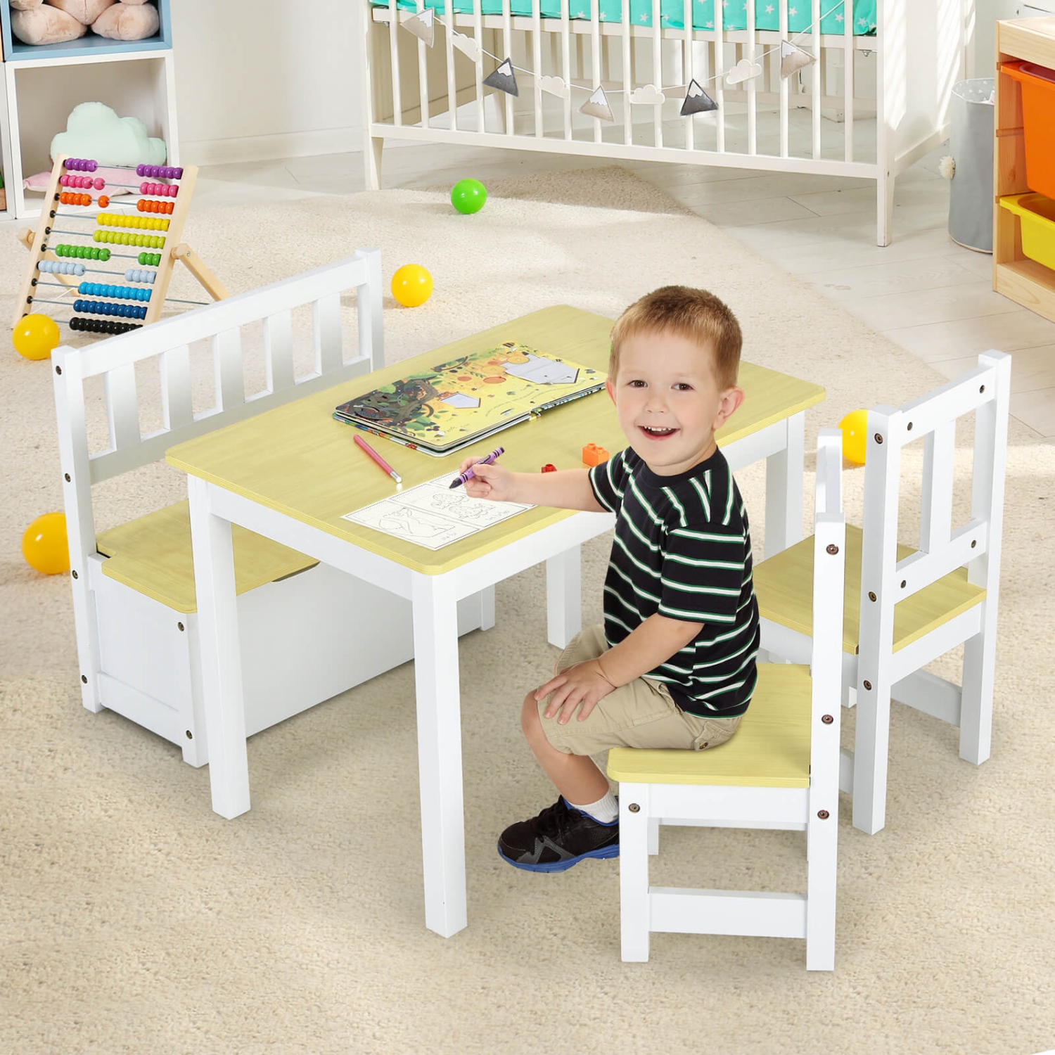 Costway 4 PCS Kids Wooden Activity Table & Chairs Set w/Storage Bench Study Desk