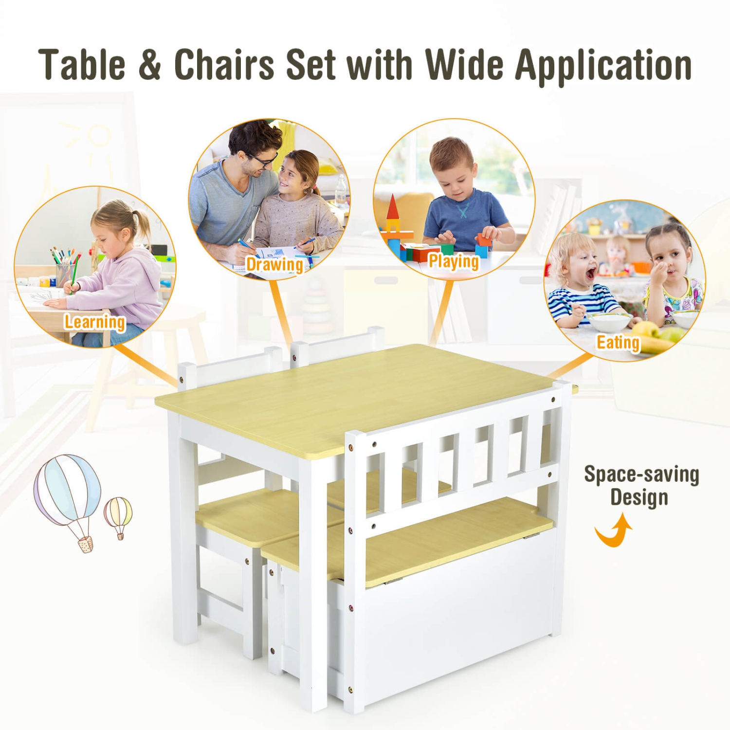 Costway 4 PCS Kids Wooden Activity Table & Chairs Set w/Storage Bench Study Desk