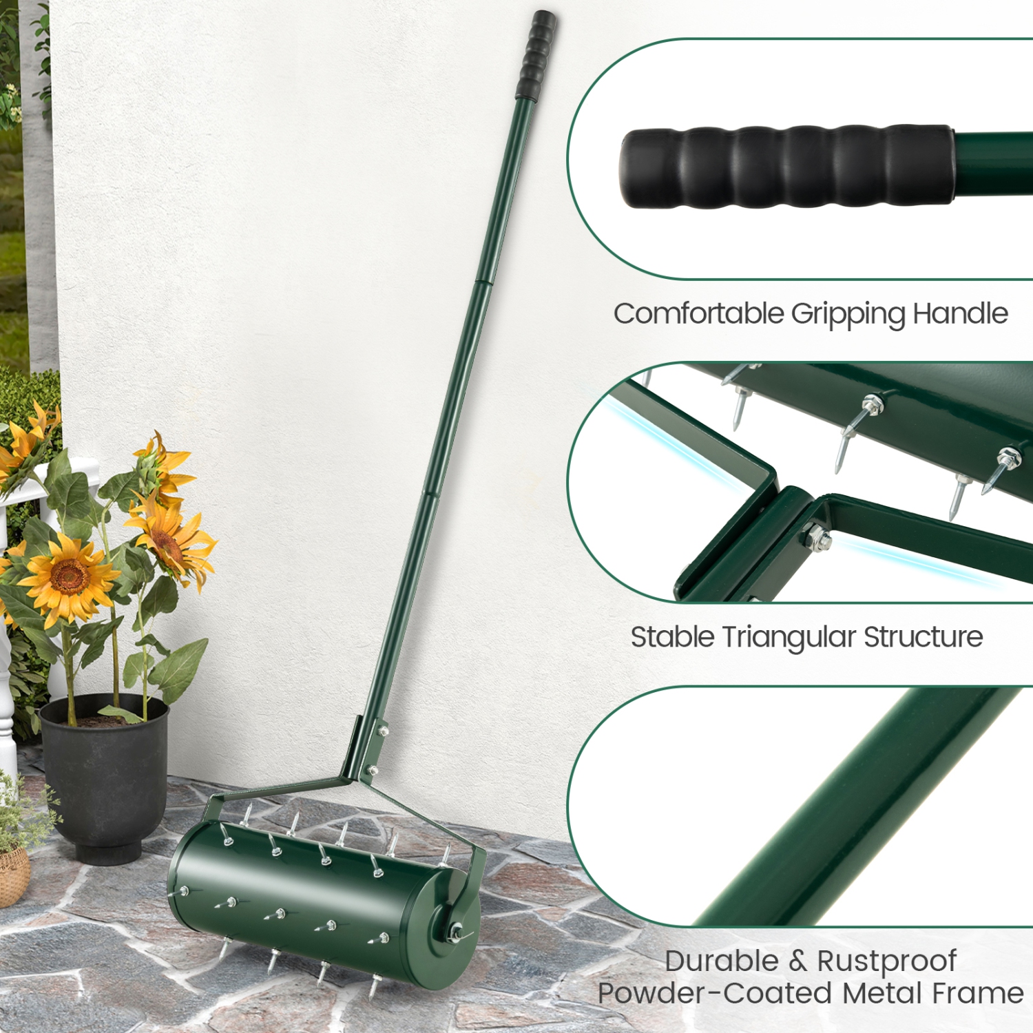 Costway 18" Manual Lawn Aerator Heavy Duty Rolling Push Grass Aeration Tool with Handle Green