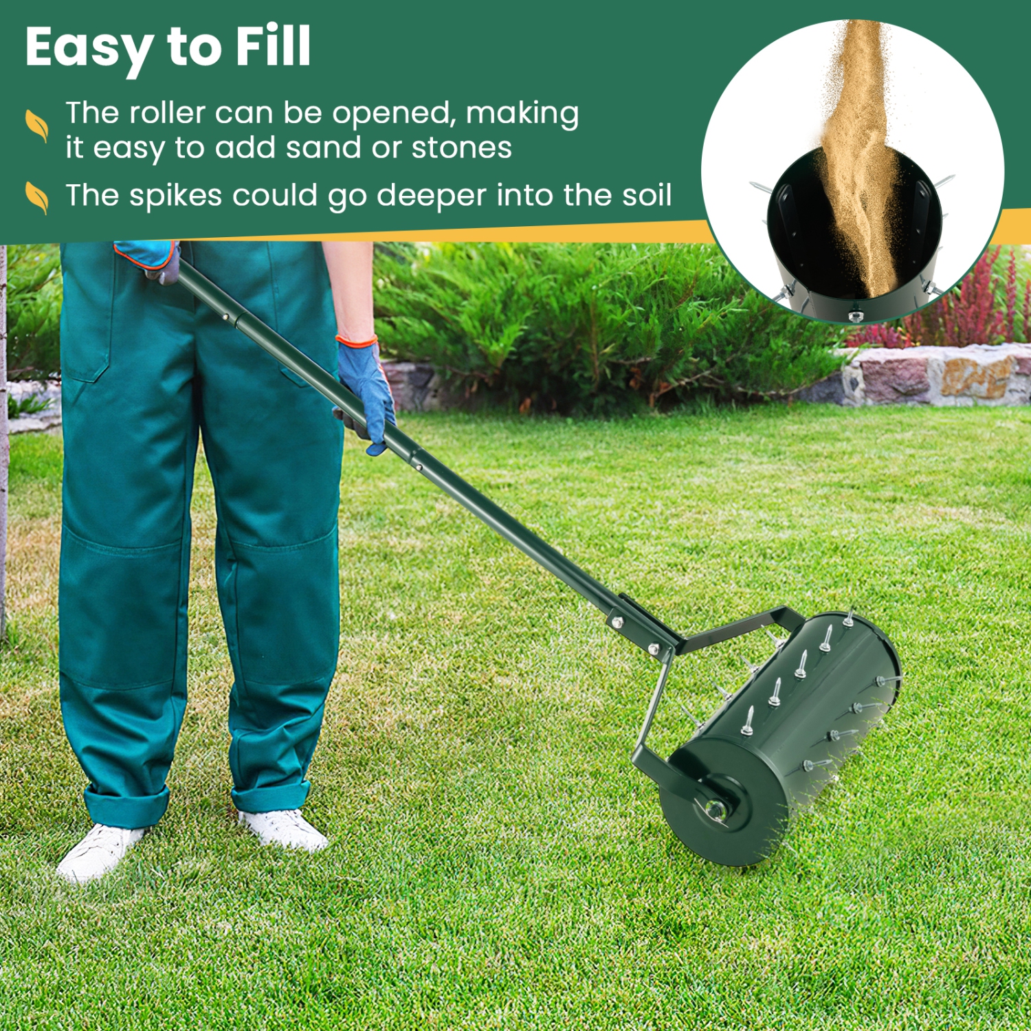 Costway 18" Manual Lawn Aerator Heavy Duty Rolling Push Grass Aeration Tool with Handle Green