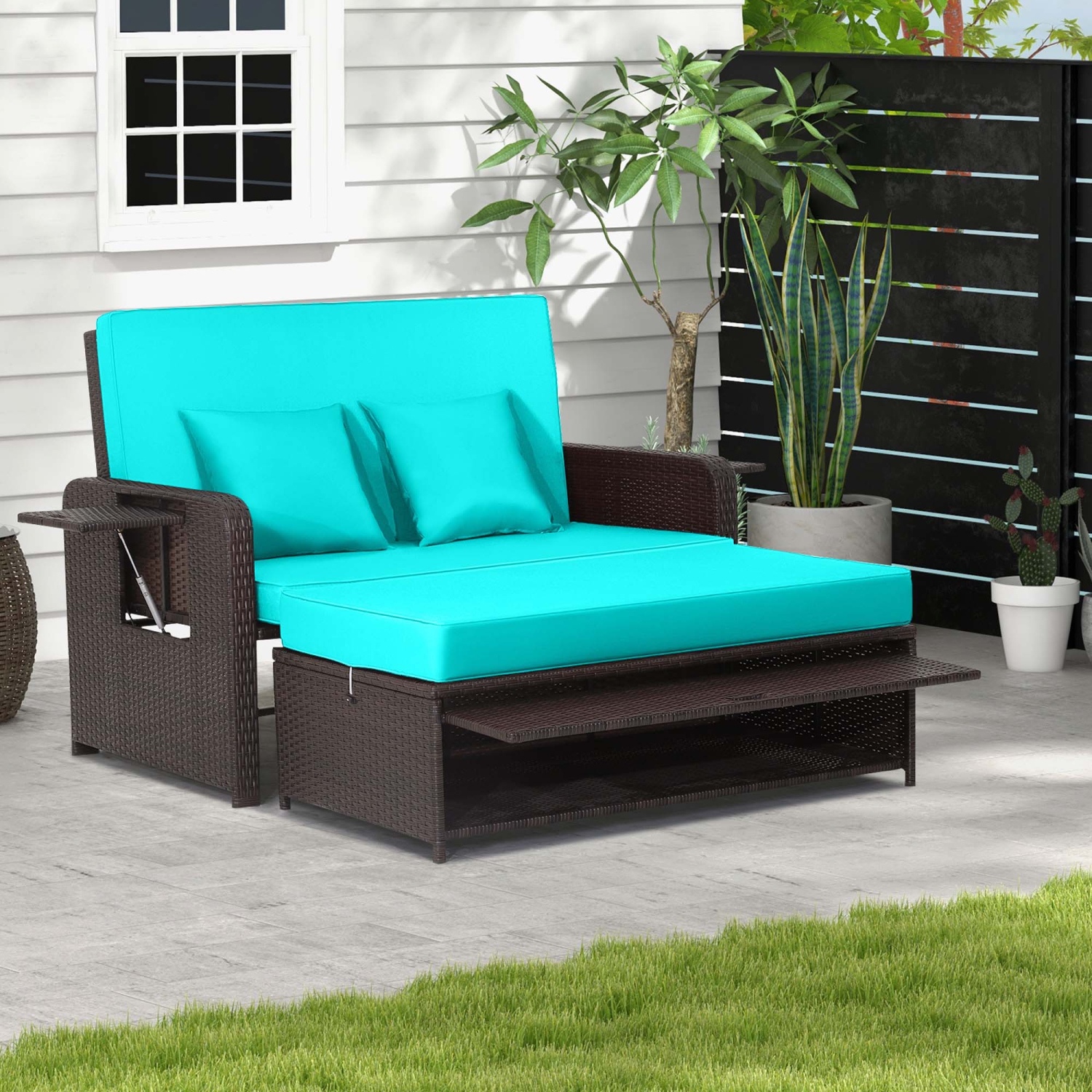Costway Patio Rattan Daybed Lounge Retractable Top Canopy Side Tables Cushions