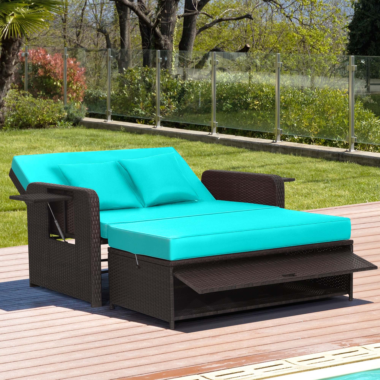 Costway Patio Rattan Daybed Lounge Retractable Top Canopy Side Tables Cushions