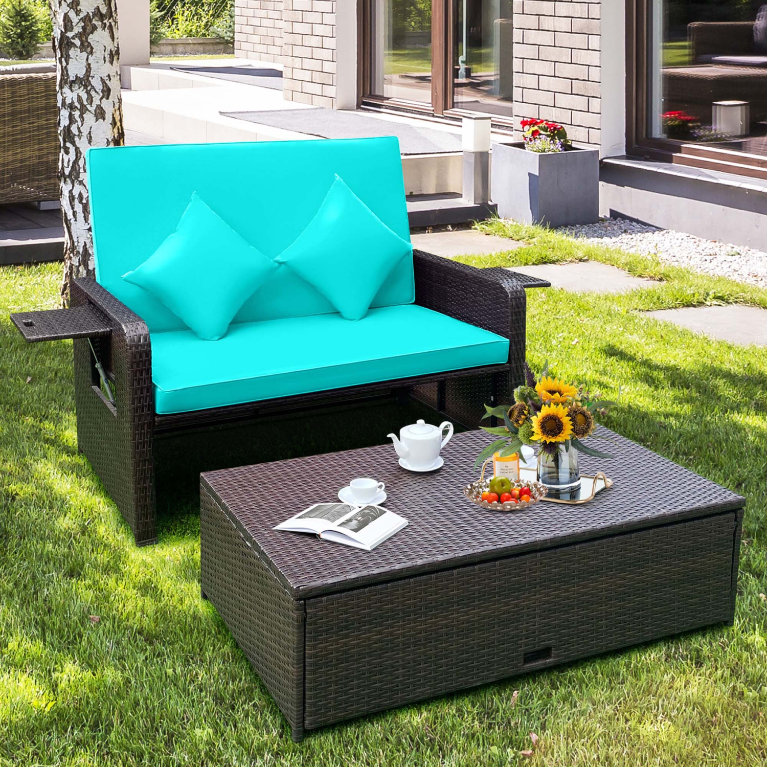 Costway Patio Rattan Daybed Lounge Retractable Top Canopy Side Tables Cushions