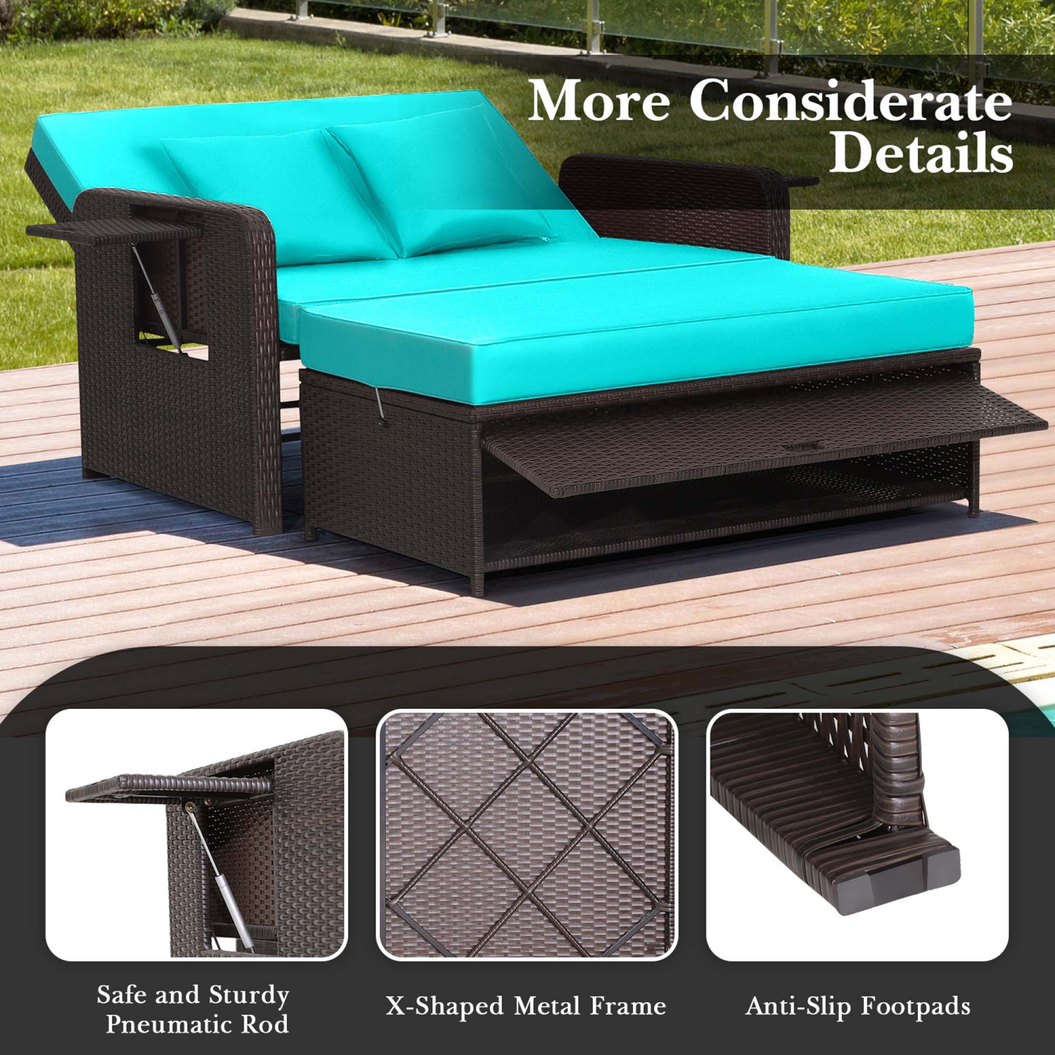 Costway Patio Rattan Daybed Lounge Retractable Top Canopy Side Tables Cushions