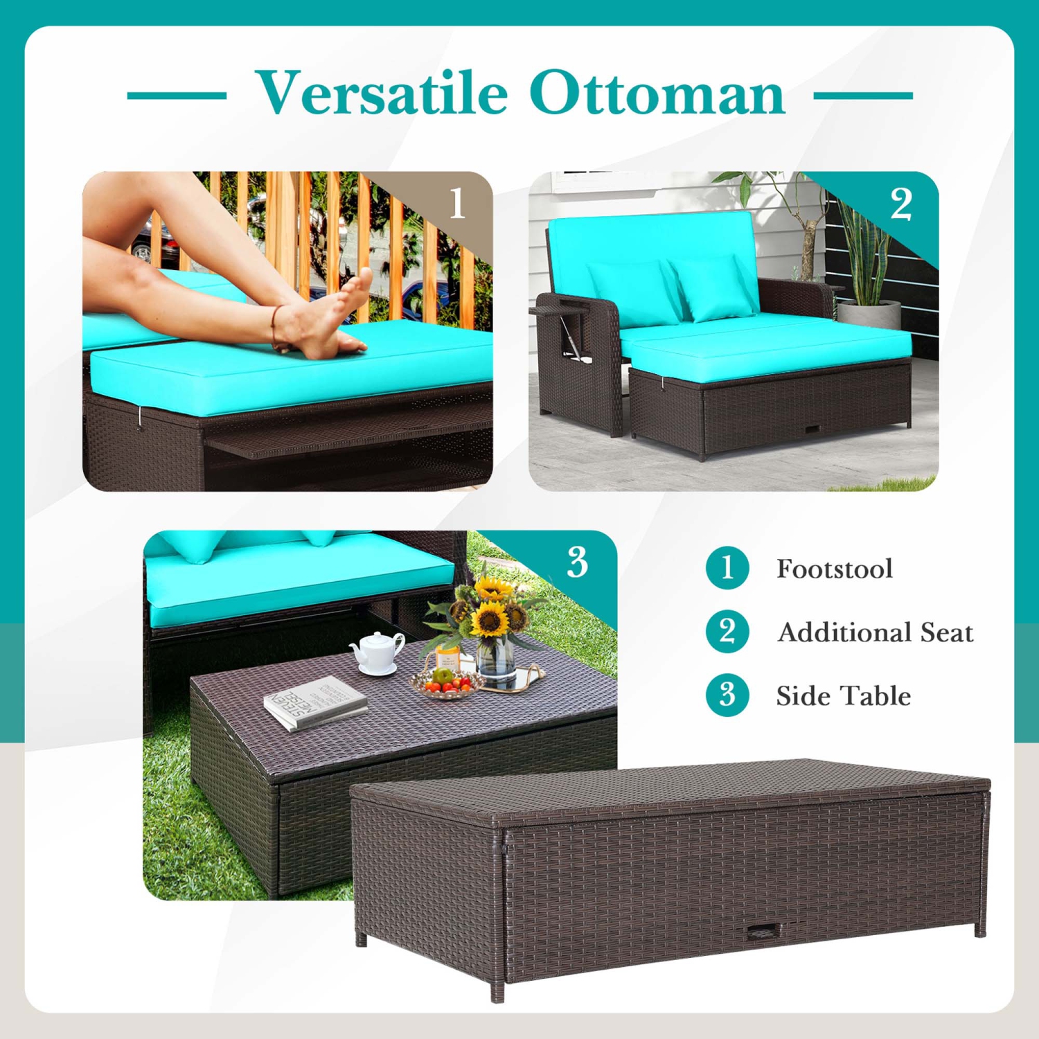 Costway Patio Rattan Daybed Lounge Retractable Top Canopy Side Tables Cushions