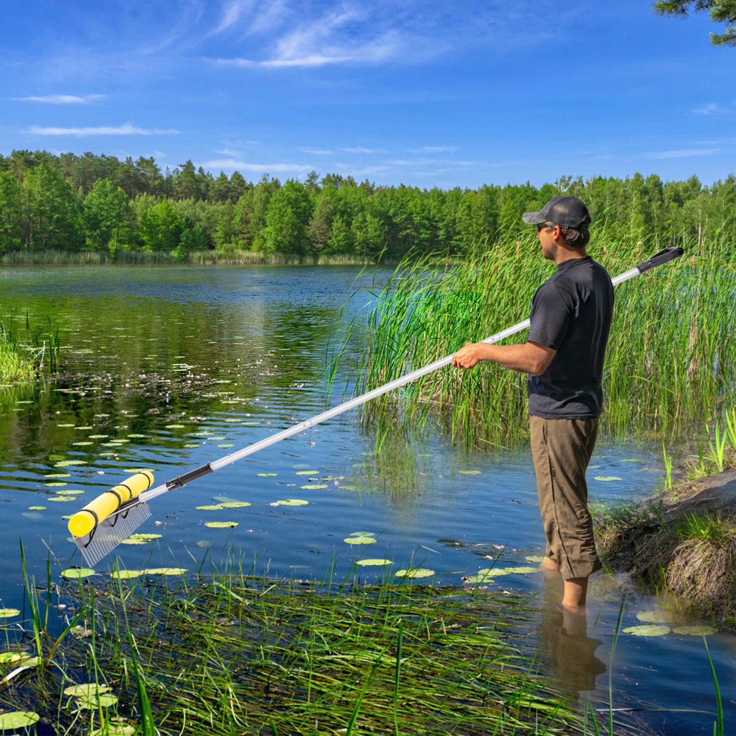 Couteau à Weed Lake Rake Pond de Costway avec flotteurs en mousse, poignée allongée et corde