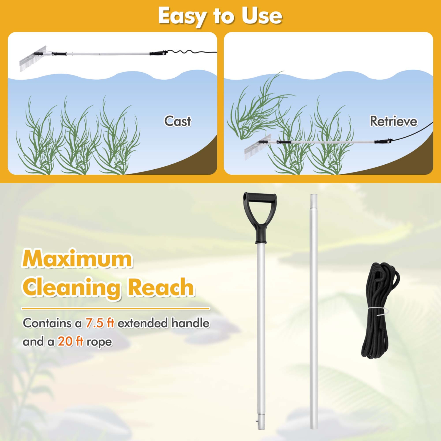 Couteau à Weed Lake Rake Pond de Costway avec flotteurs en mousse, poignée allongée et corde