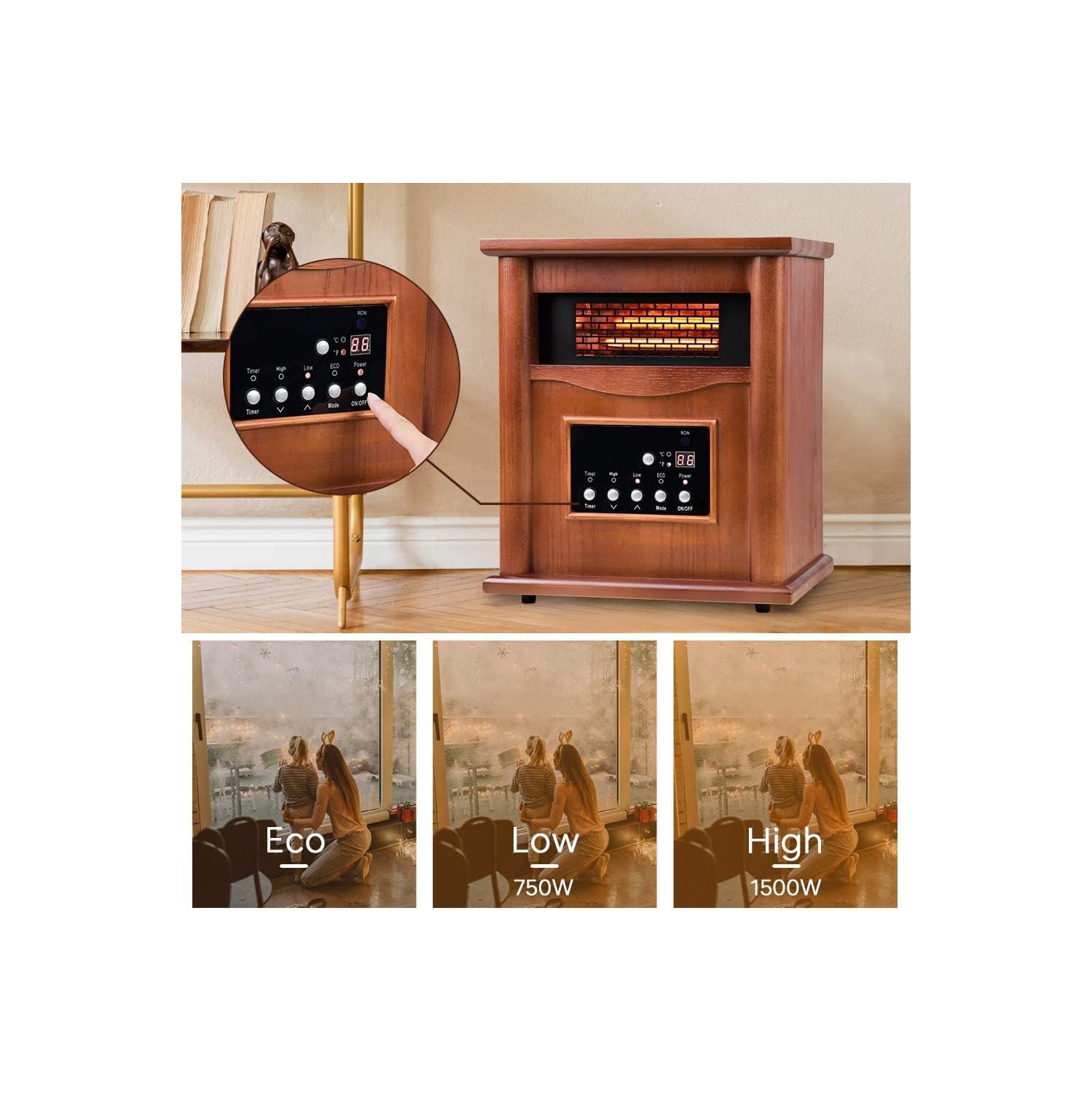 Chaufferette électrique portative en bois à quartz de 1500 W Hygge de Nordic avec thermostat à télécommande écoénergétique pour une utilisation à