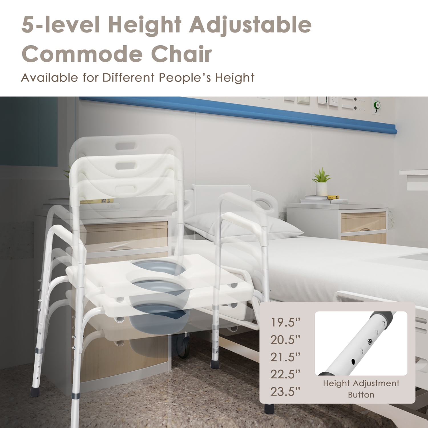 Toilettes portatives 3-en-1 à chambre à coucher Commode de Costway avec hauteur réglable et bras gicleur