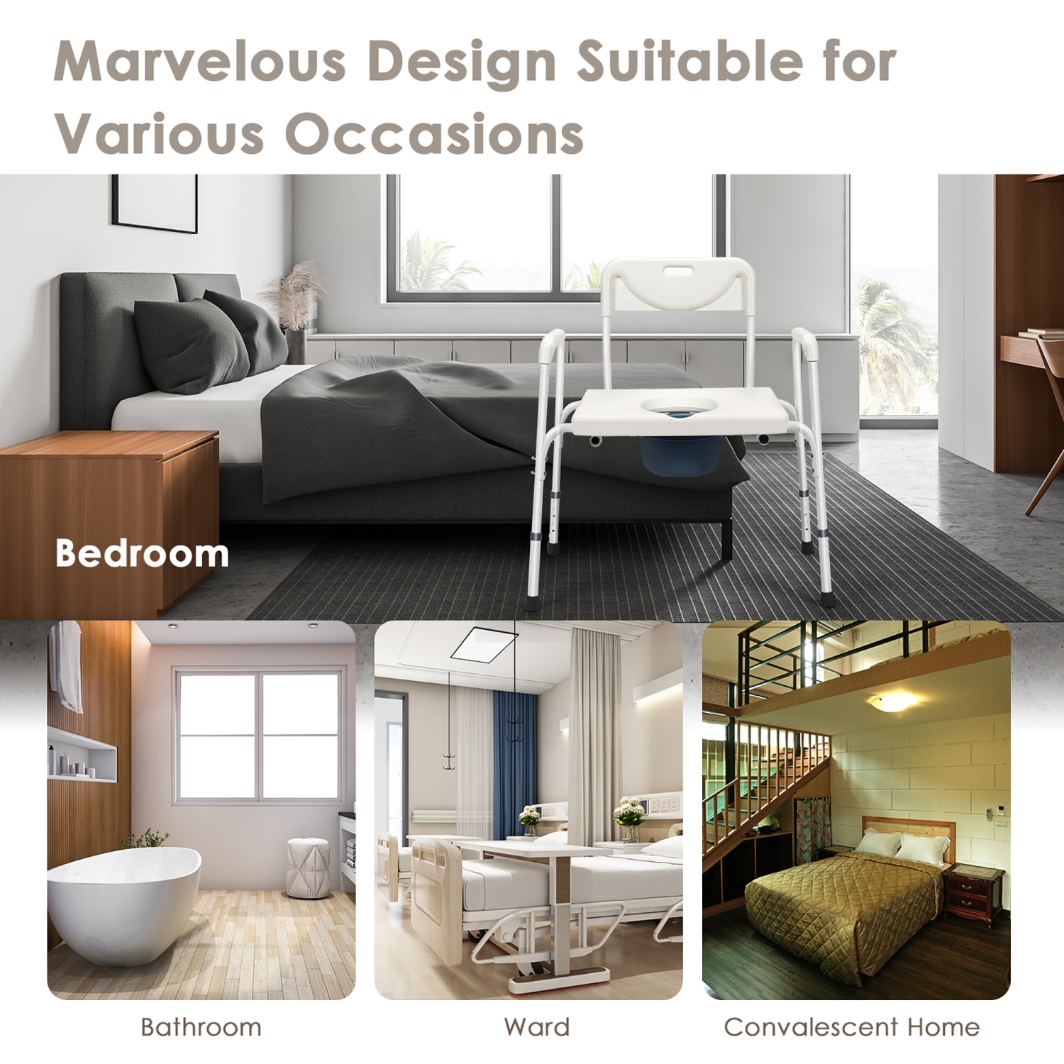 Toilettes portatives 3-en-1 à chambre à coucher Commode de Costway avec hauteur réglable et bras gicleur