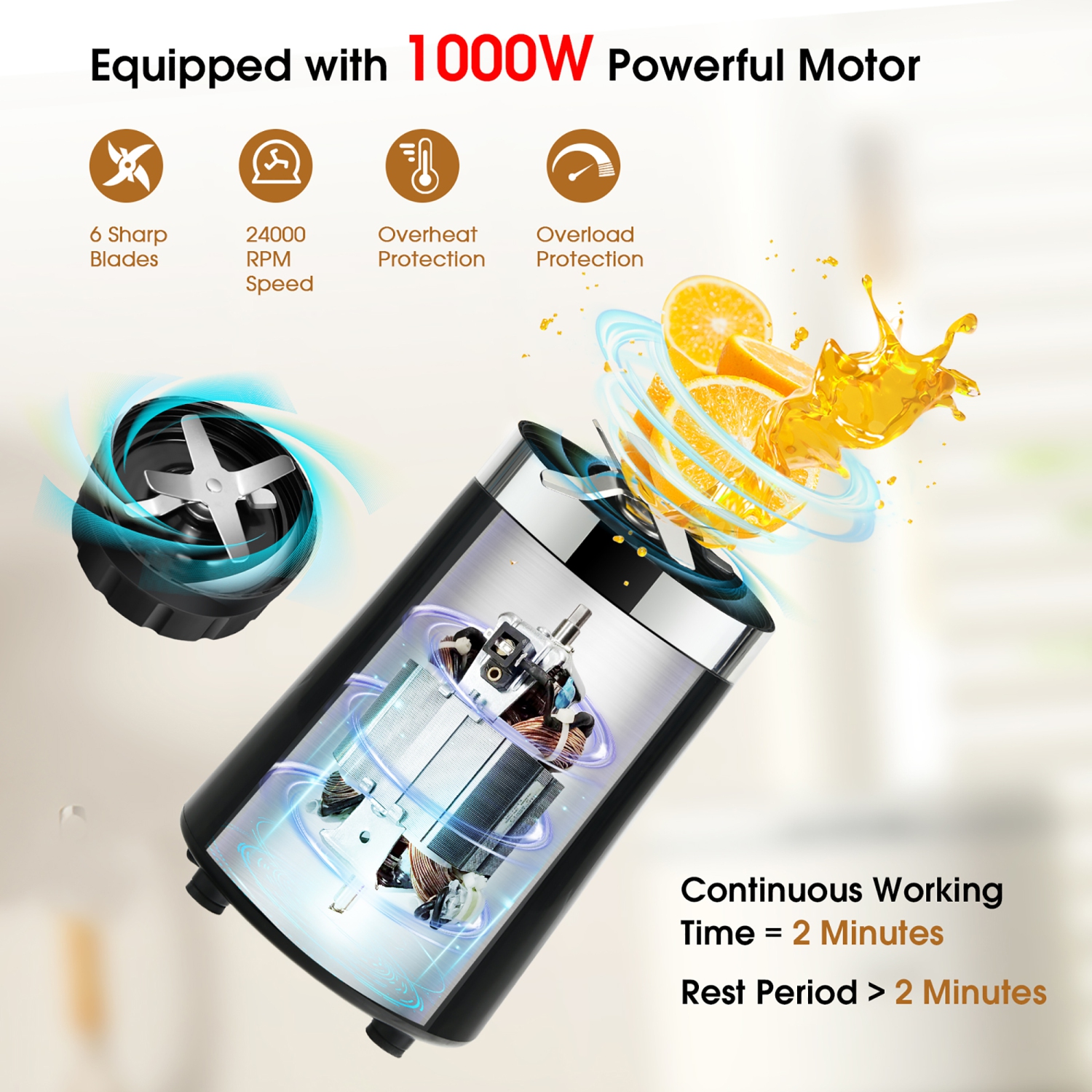 Costway 1000W Portable Blender 6-Blade Smoothie Blender with 12 Oz & 24 Oz Travel Bottle