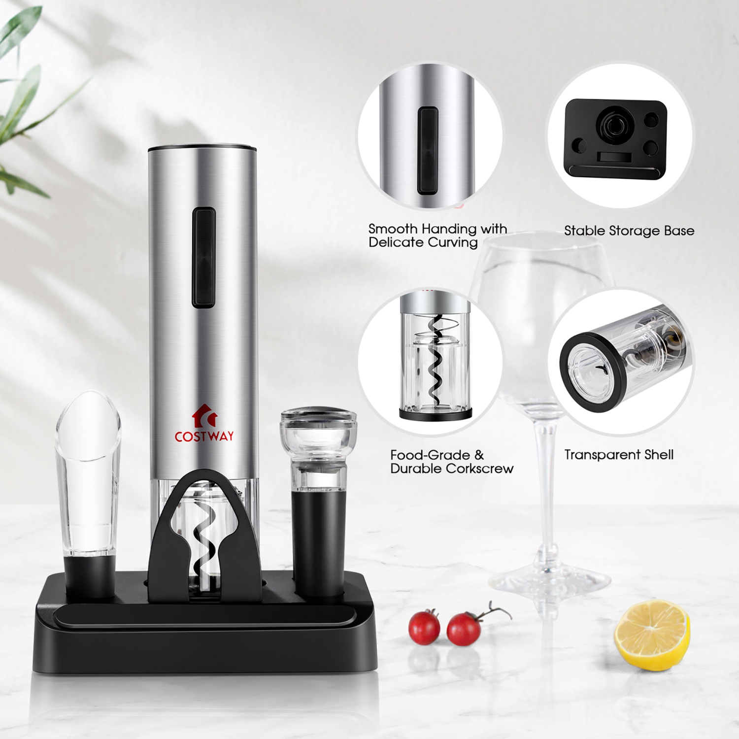 Ensemble avec ouvre-bouteille électrique 6-en-1 de Costway pour tire-bouchon sans fil rechargeable