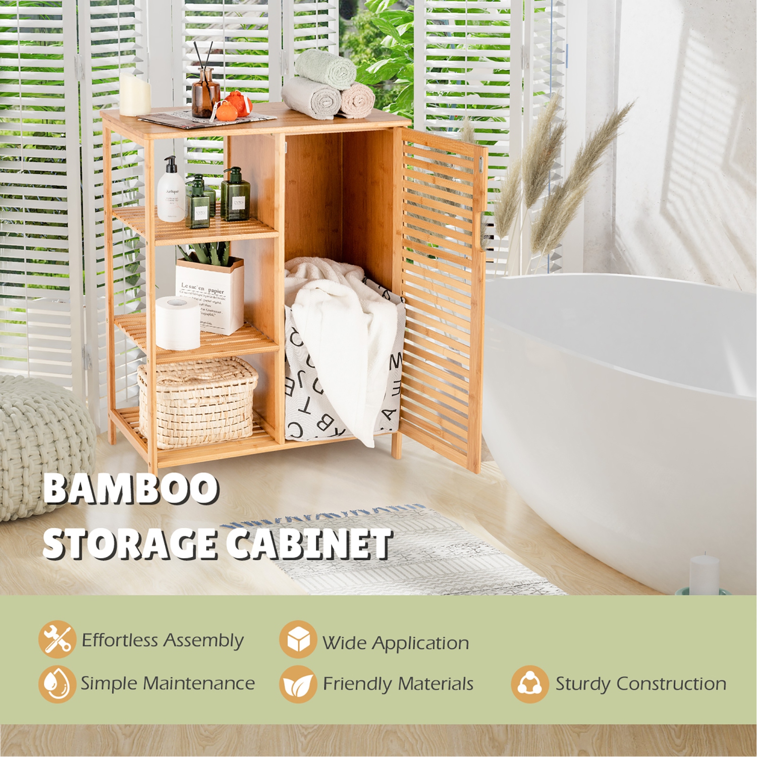 Armoire de salle de bain en bambou de Costway avec porte simple et 3 tablettes ouvertes