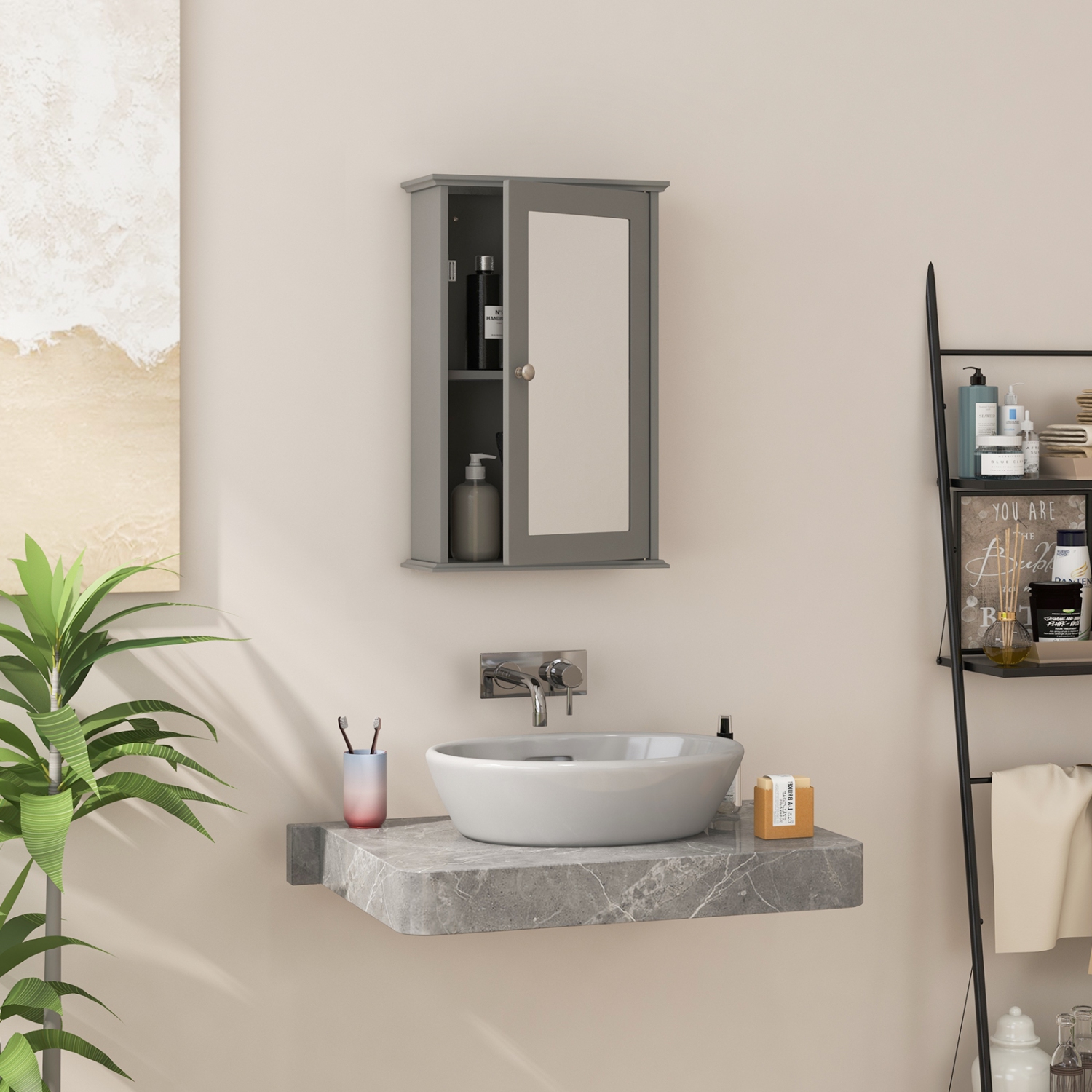Armoire murale de salle de bain de Costway avec porte miroir unique et étagère de rangement en bois