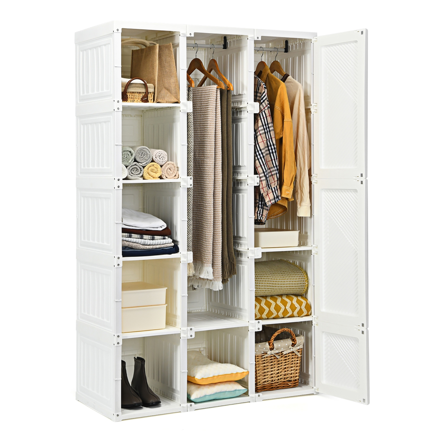 Costway – garde-robe d’armoire pliable portatif avec 10 cubes, tiges suspendues